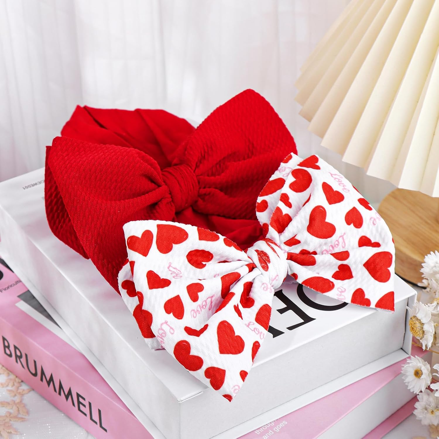 6'' Large Baby Bow Headbands for Girls Waffle Tied Bow Hairbands Handmade Ctue Red Love Heart Head Wraps Hair Accessories for Girls Infant Toddlers Kids 2Pcs - 0-Id-Red,Gradient image number 5