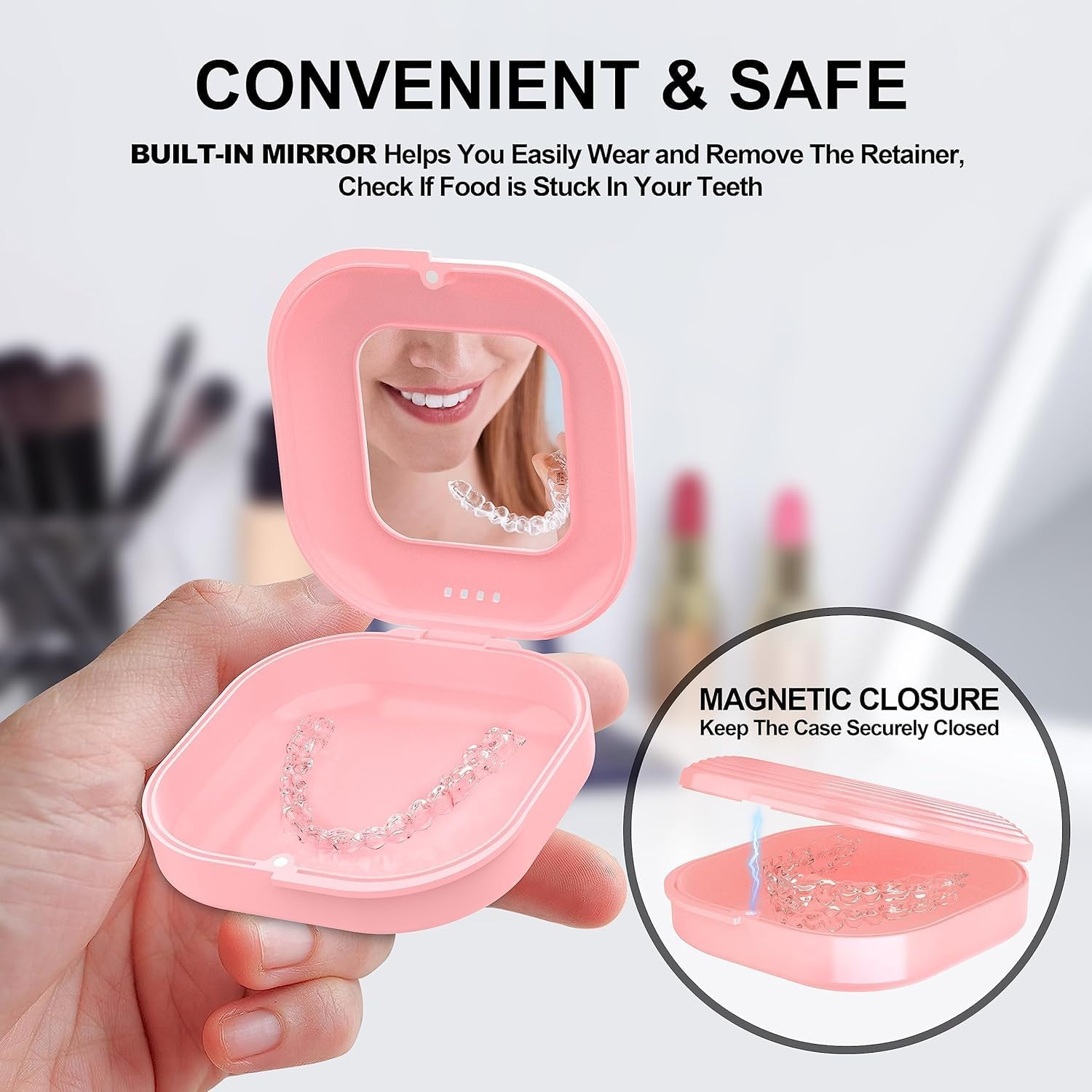 Retainer Case with Mirror & Adjustable Vent Holes &ndash; Slim Aligner Case Compatible with Invisalign & Night Mouth Guards, Includes Remover Tool Chewies and Brush- Cute & Portable Holder （Pink） image number 4
