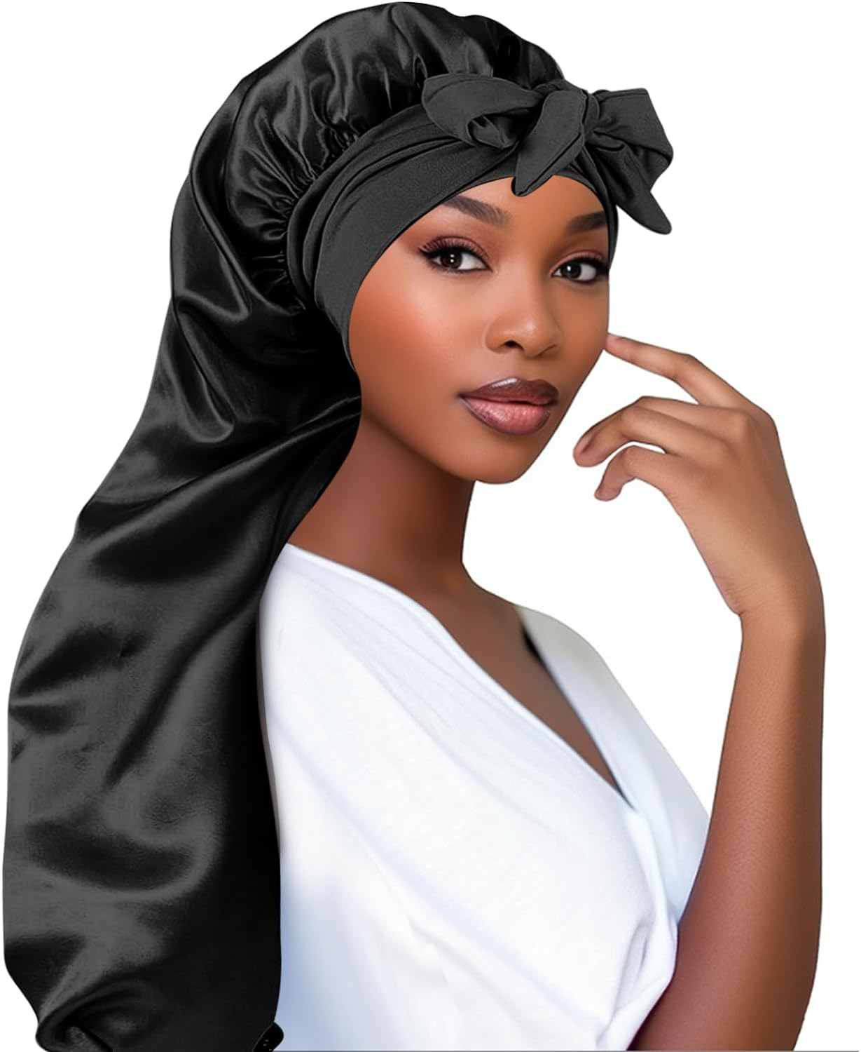 Extra Long Satin Bonnet for Women, Adjustable Braid Bonnet with Tie Band, Double Layer Elastic Silk Headwear, Black, One Size