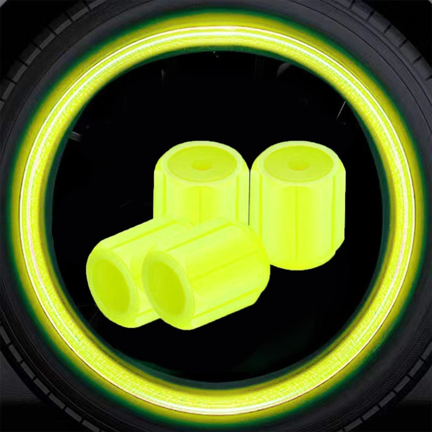 4Pcs Yellow Luminous Tyre Valve Caps Car Motorcycle Glowing Hub Cover Wheel Styling Tool Tyre Valve Car Accessories Valve Caps Accessories and Parts image number 1
