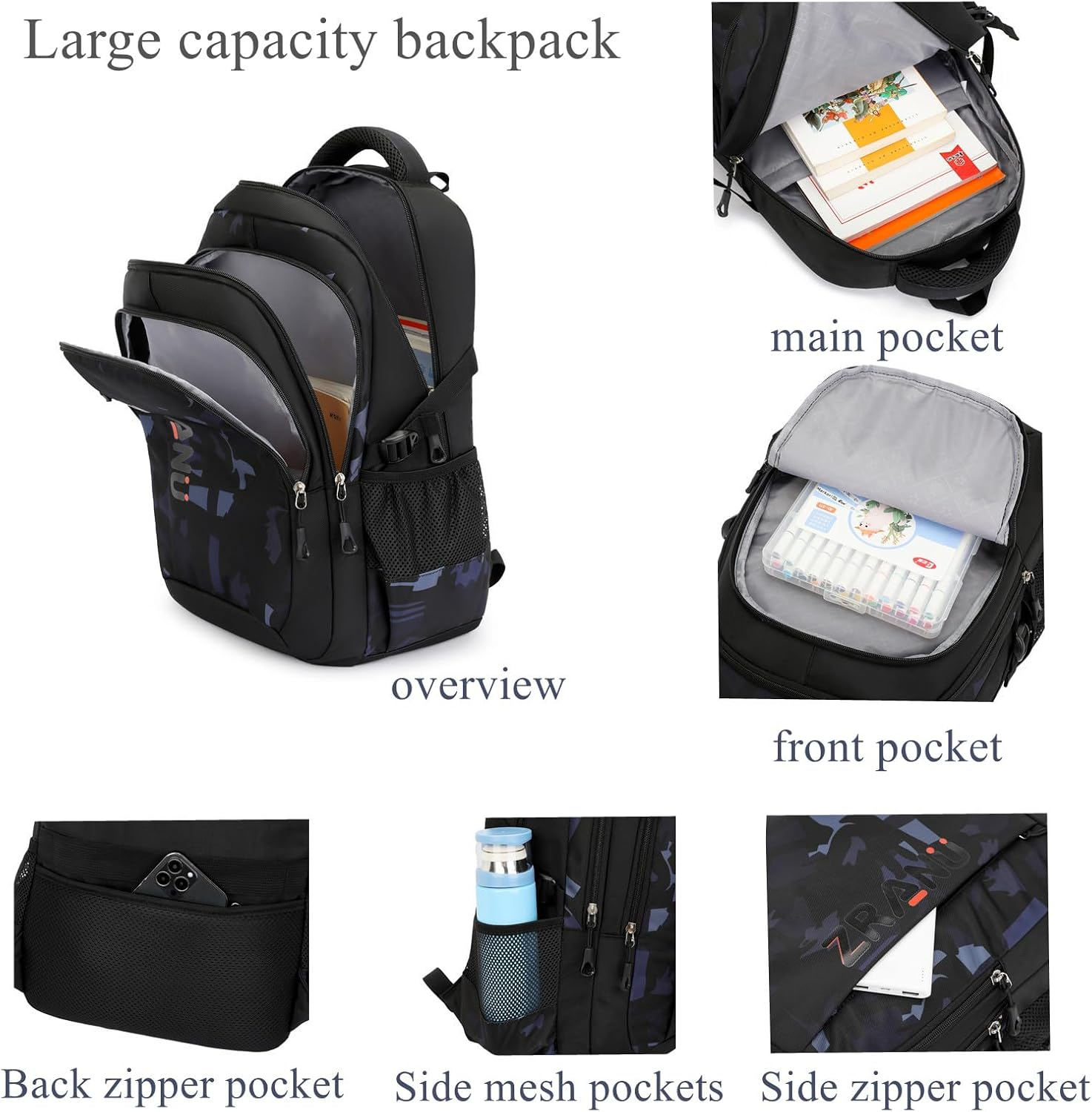 EKUIZAI Camouflage or Geometric Print Boys Backpack Kids Schoolbag Black Cool Backpack for Teen Boys - Brown image number 6