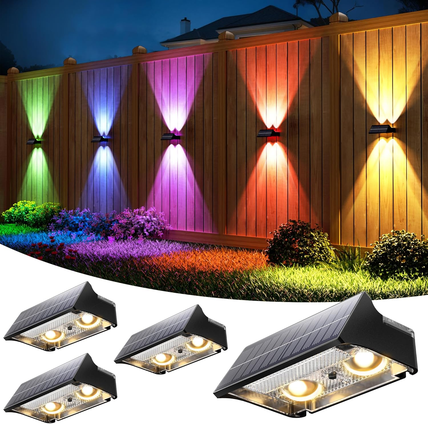 VOLISUN Solar Fence Lights Outdoor Garden 4 Pack, 9 Color Modes RGB Solar Garden Lights Waterproof IP65, Bright Fence Solar Lights for outside Deck Patio Gate Yard Pathway Decoration(Black) image number 3