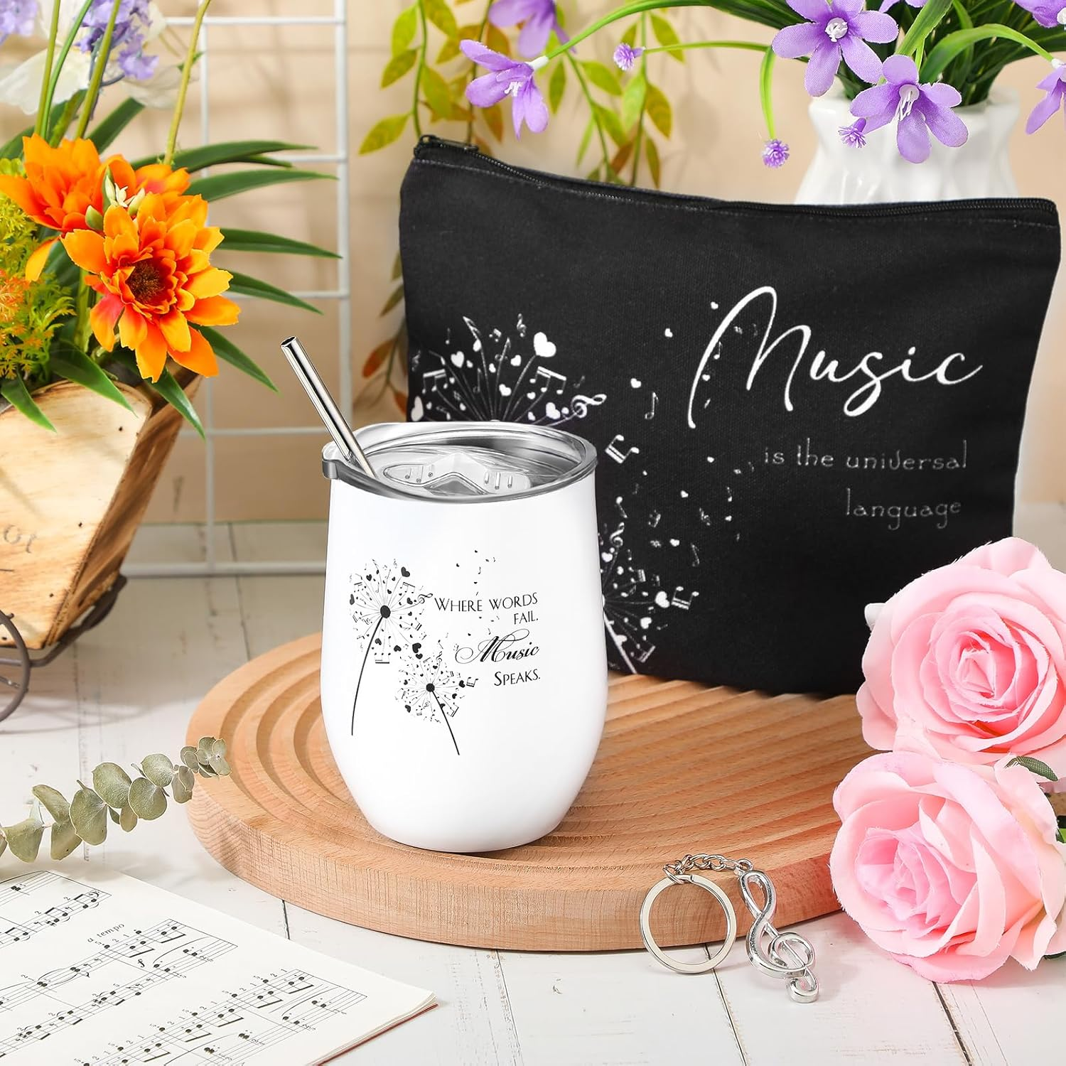 Sieral 12 Oz Music Themed Wine Tumbler & Cosmetic Bag & Keychain Set for Music Lovers & Teachers image number 5