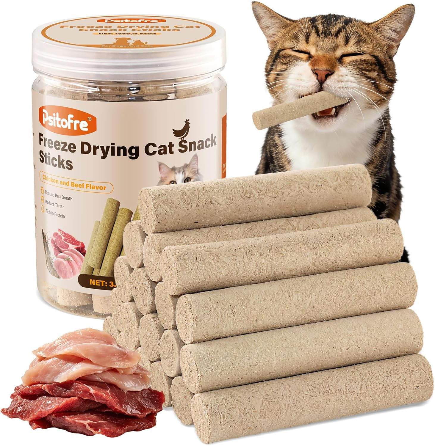 Freezed Dried Cat Teething Sticks, Cat Chicken Treats, Dog Treats Chicken and Beef Flavor for Freshens Breath image number 1