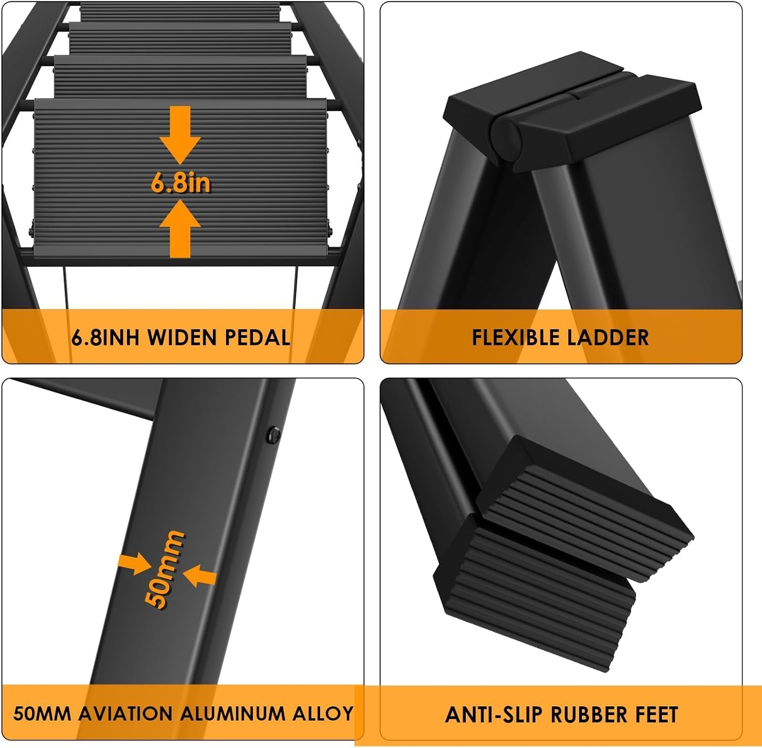 HOMIEST 3 Step Ladder, Folding Step Stool with Wide Anti-Slip Pedals, Aluminum Portable Lightweight Ladder for Home, Kitchen, Office, Sturdy Temporary Storage Shelf Rack, Max Capacity 330Lbs, Black image number 4