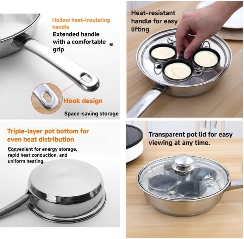 4-Cup Egg Poacher Pan Set, Stainless Steel with Nonstick Cups and Glass Lid Egg Poachers, Silicone Spatula Included