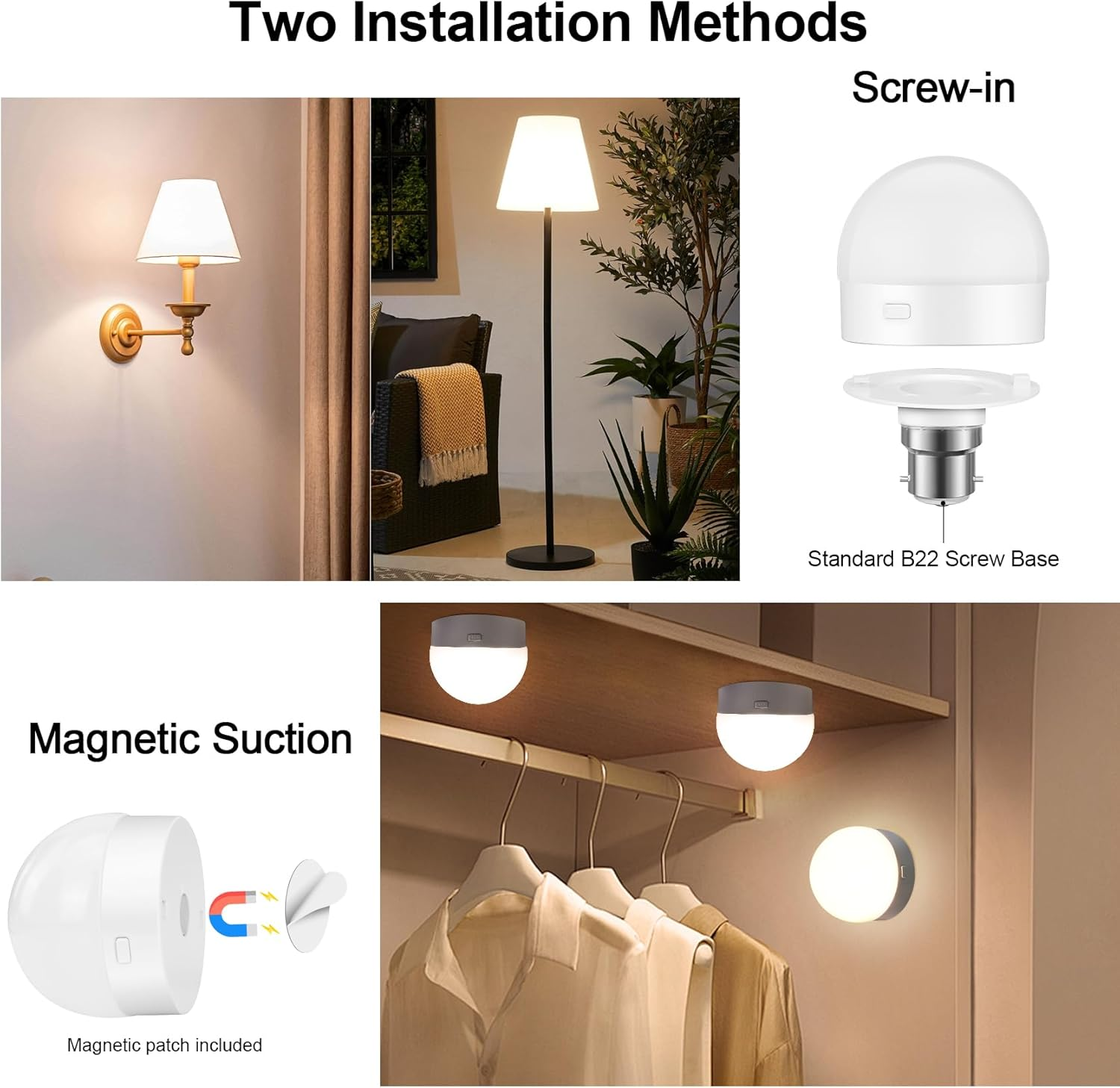 Eocean LED Rechargeable Light Bulbs, B22 Battery Operated Light Bulb, Wireless Light Bulb with 3 Colors & Timer, Magnetically Detachable, Emergency Battery Light Bulb for Non-Hardwired (2 Pack) image number 5