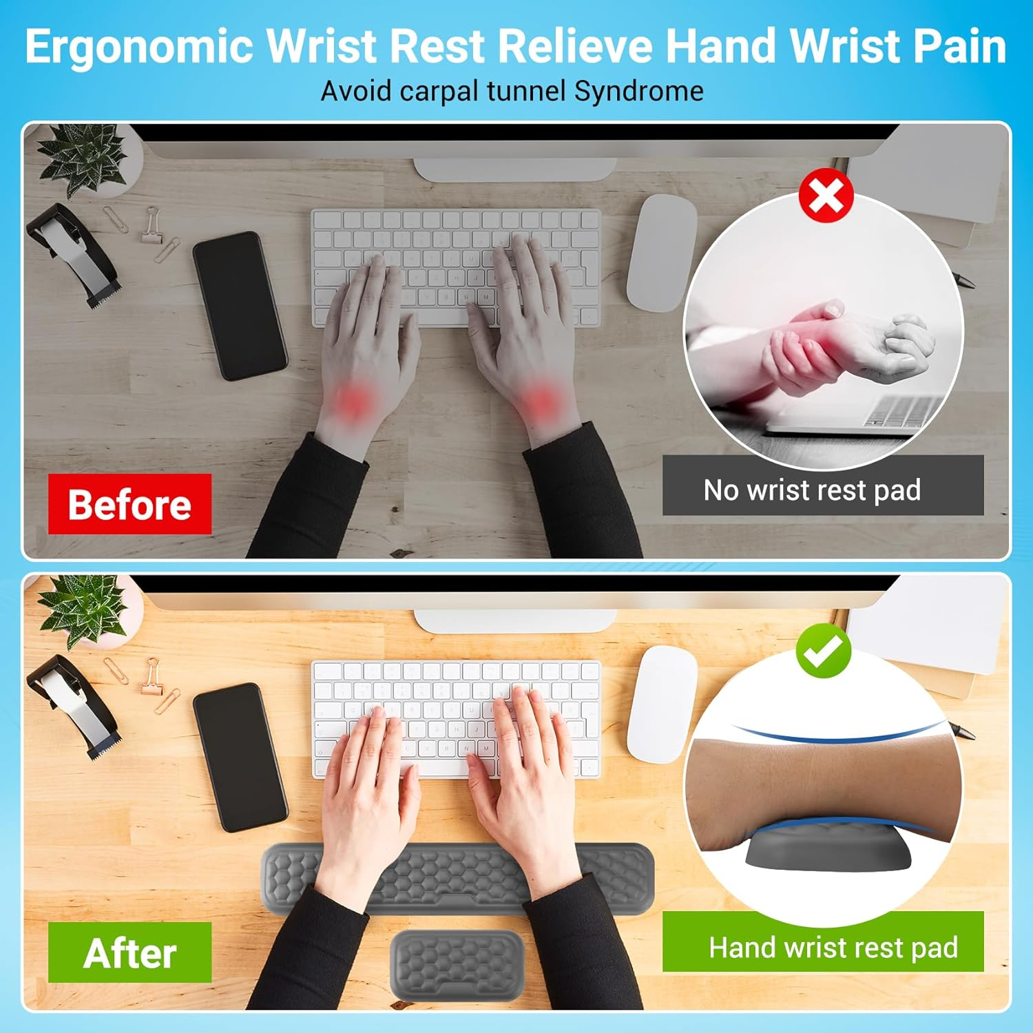 Hcskoss Keyboard Mat Set - Keyboard Wrist Rest Elbow Rest Pad Keyboard Mat Ergonomic Keyboard Mouse Pad with Wrist Support,Soft Memory Foam & Anti-Slip Base & Pain Relief for Office,Computer Gaming image number 6