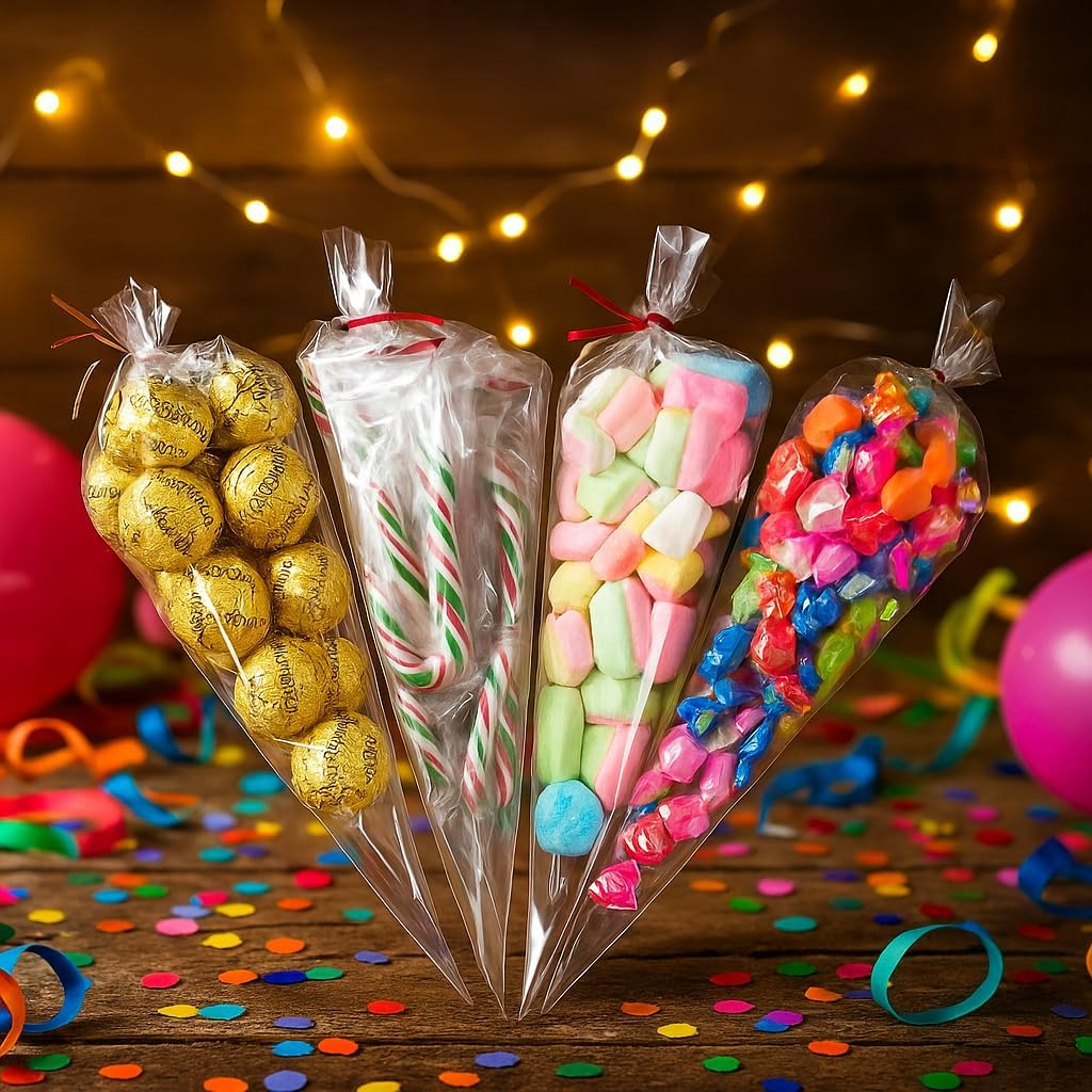Ozchillon 100 Pieces 18X37Cm Clear Cone Shaped Treat Bags Cellophane Triangle Candy Bags for Lollies Popcorn Handmade Cookies Candy Crafts (Golden Ties, 18X37Cm) image number 1