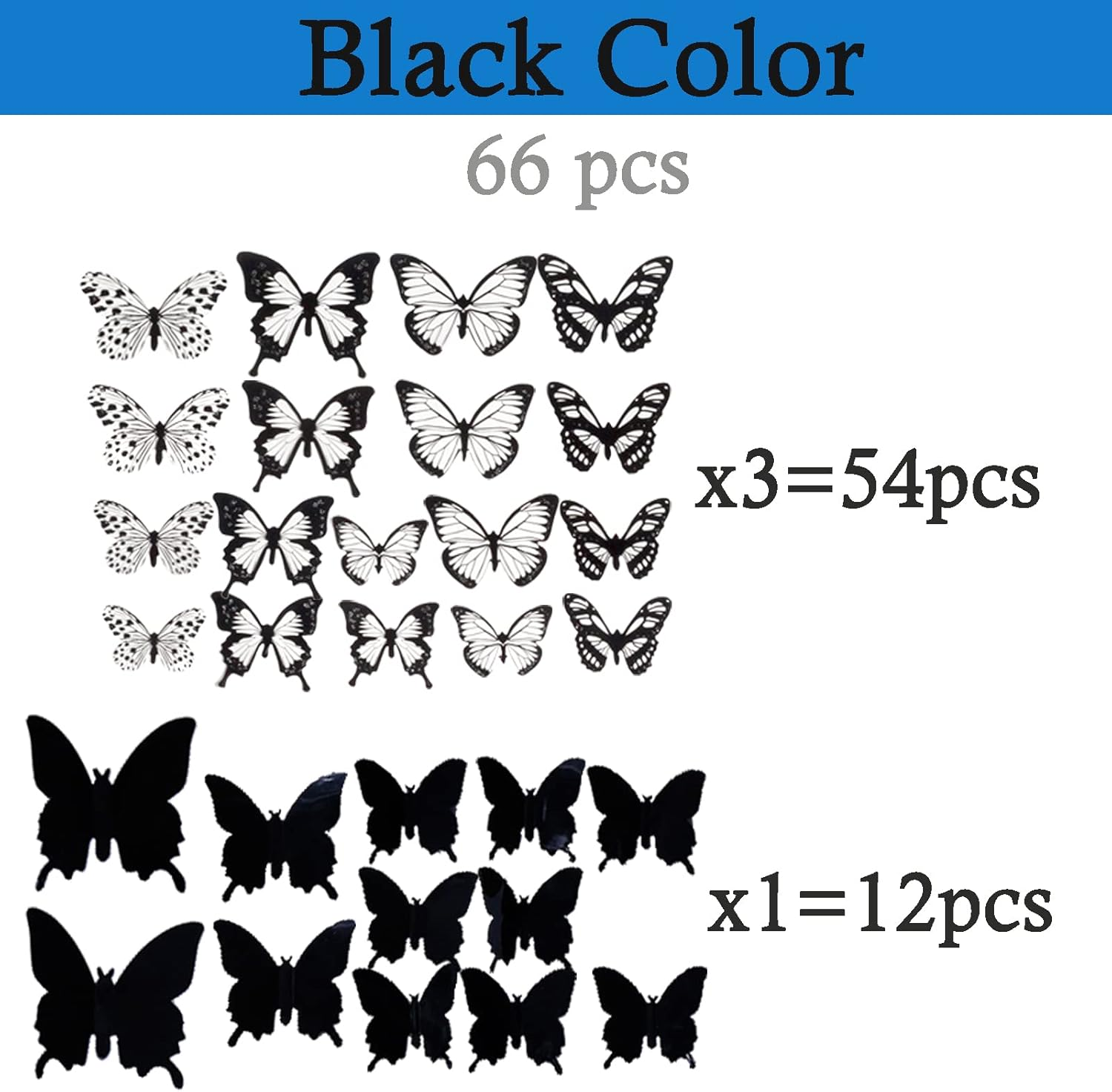 Ewong 3D Butterfly Wall Decor - 66Pcs Black Butterfly Decoration Party Cake Decorations - Removable Waterproof Wall Decal Birthday Home Room Decor Bathroom Bedroom Sticker & Murals - 108 Black image number 3
