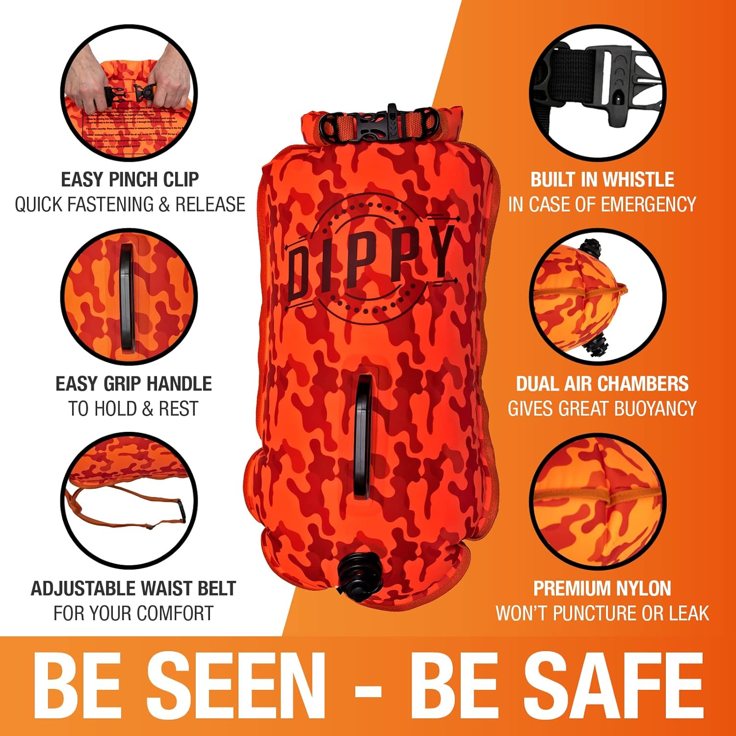 DIPPY Tow Floats for Open Water Swimming | 28L Swim Buoy Open Water Swimming Float | Waterproof Swimming Buoy | Tow Float Dry Bag | Wild Swimming Float | Wild Swimming Accessories (Orange Cammo) image number 1