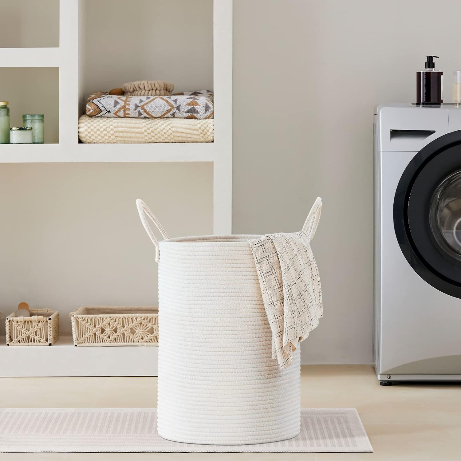 VIPOSCO Large Laundry Hamper, Tall Woven Rope Storage Basket for Blanket, Toys, Dirty Clothes in Living Room, Bathroom, Bedroom - 58L White image number 4