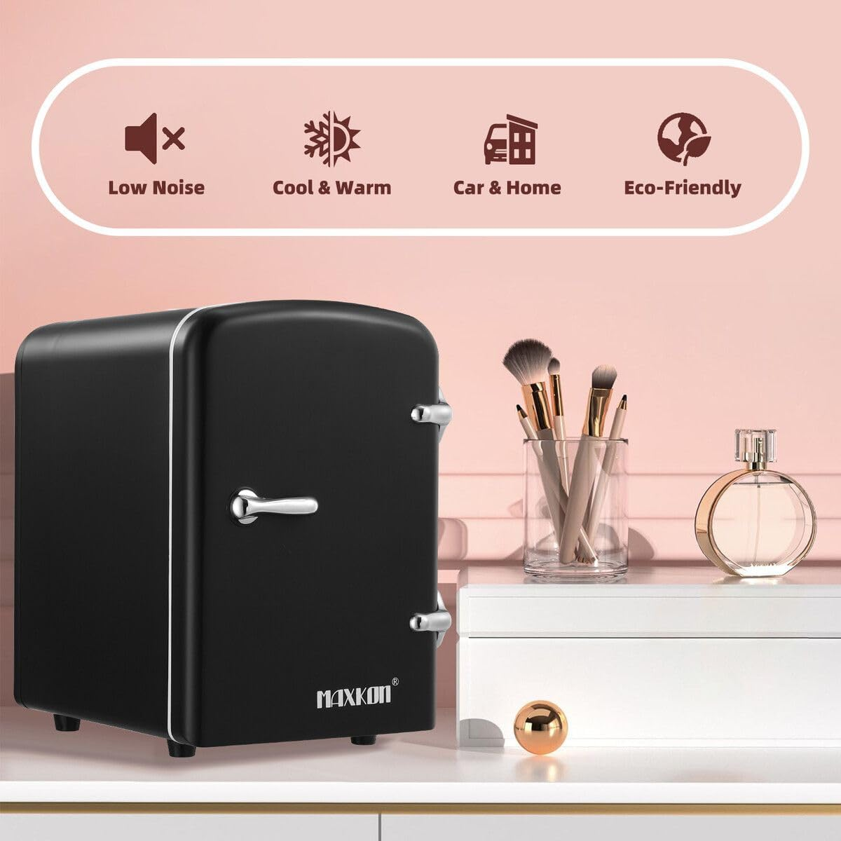 Maxkon 4L Mini Fridge 6 Can Portable Cooler Warmer Personal Countertop Refrigerator for Home Office Bar Car Drinks Skincare Cosmetics Foods, Black image number 2