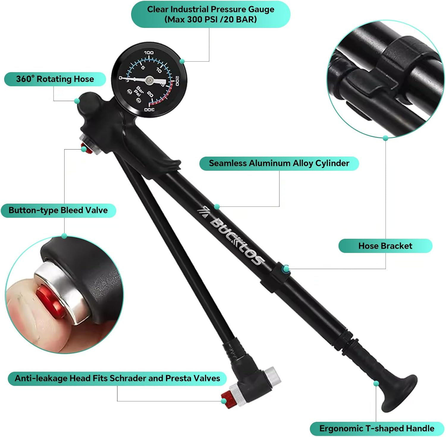 High Pressure Shock Pump - 300 PSI Portable Bike Suspension Pump with Accurate Gauge, No-Loss Schrader Valve, Air Bleed Button Aluminum Fork Rear Shock Air Pump for Mountain, Road Bikes Motorcycles image number 2