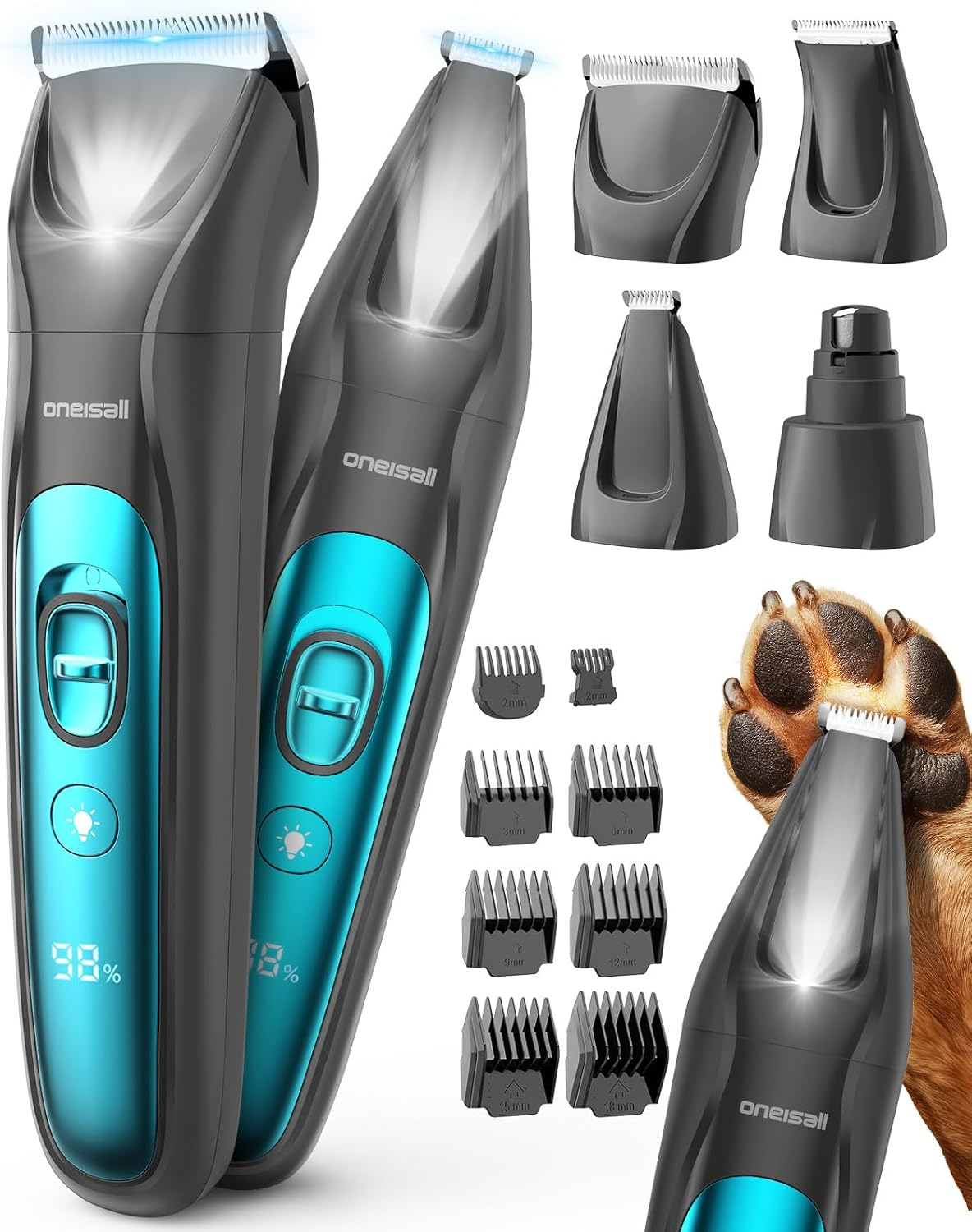 Oneisall Dog Clippers & Paw Trimmer 4 in 1 Grooming Kit, Pet Grooming Clippers with LED Light for Full-Body Grooming, Cordless Silent Pet Shaver for Dogs Cats image number 2