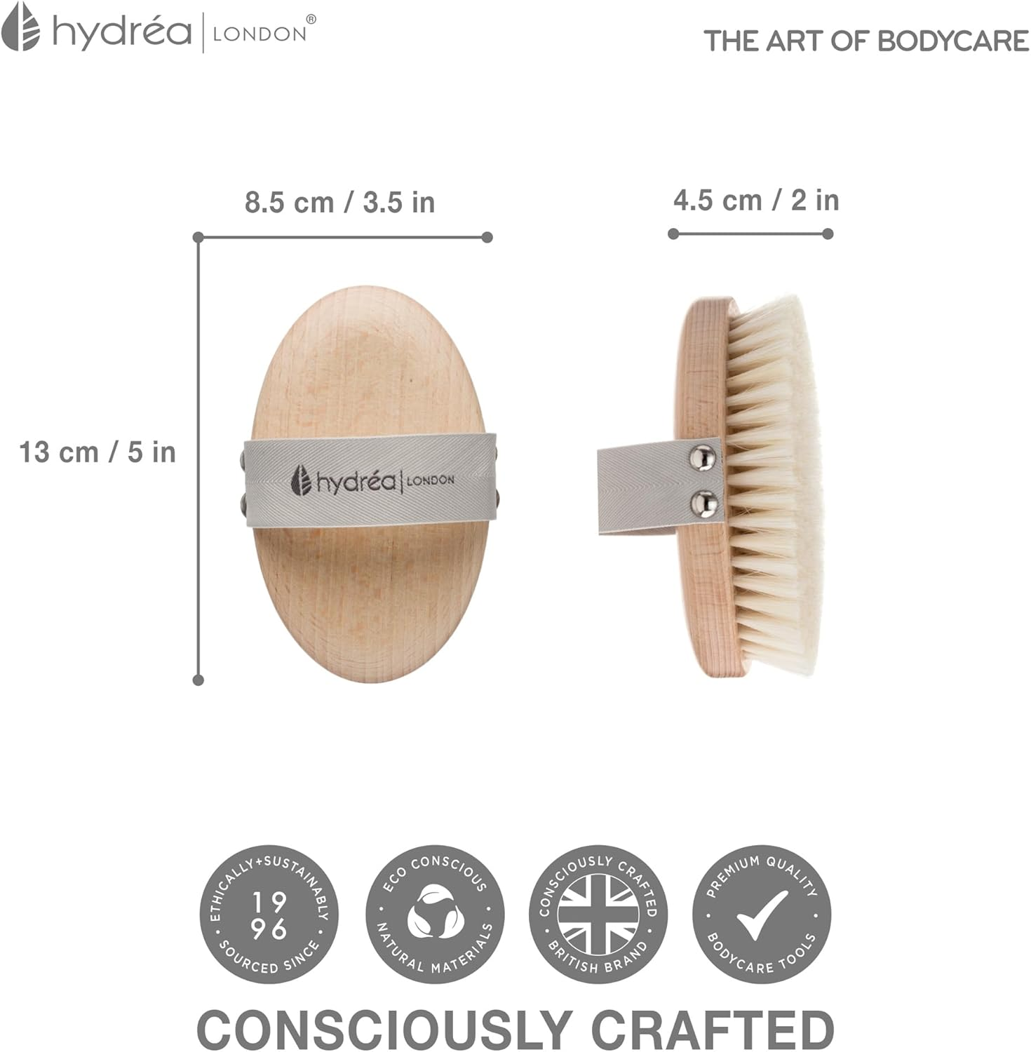 Hydrea London Natural Body Brush &ndash; Exfoliating Wet + Dry Skin Brush with Natural Bristle, Dry Brush Cellulite Remover, Helps Improve Lymphatic Drainage - FSC&reg; Certified Beechwood. image number 3