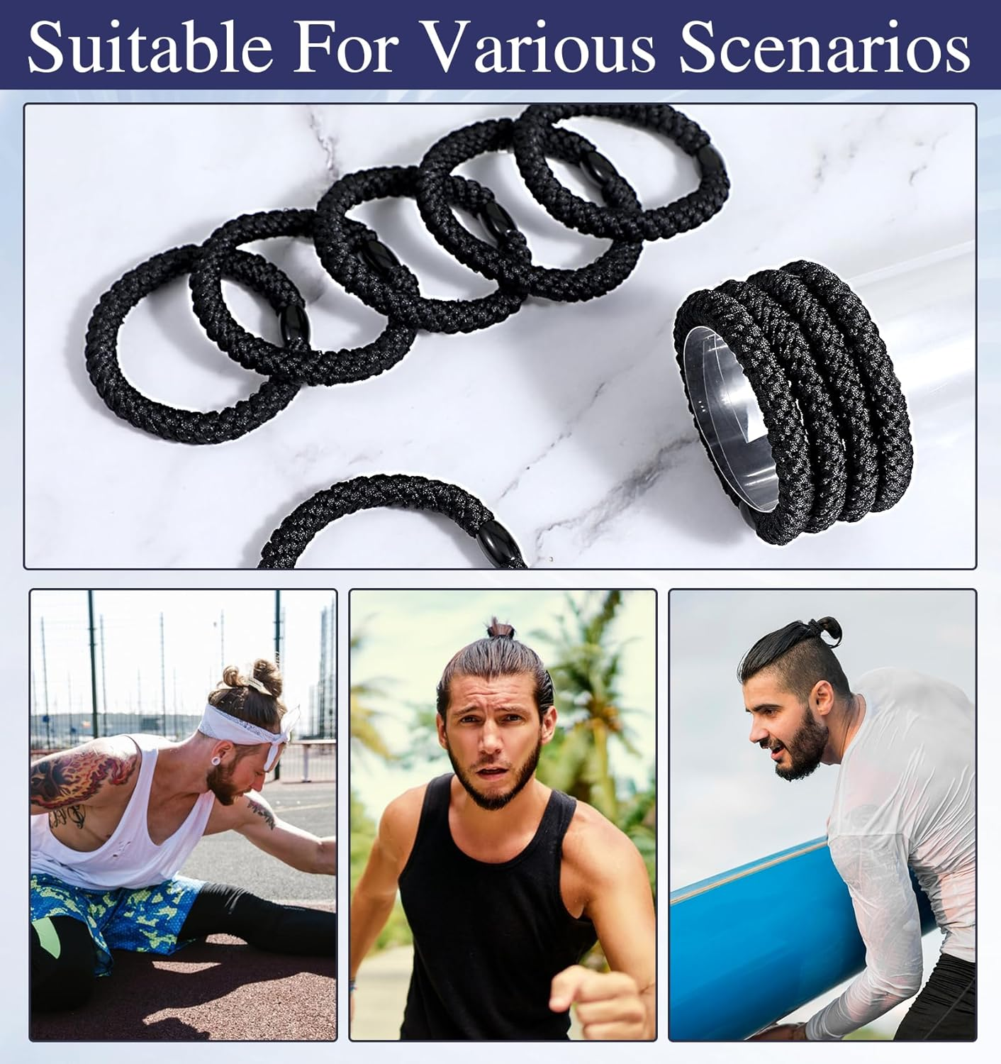Set of 10 Men'S Hair Bobbles Black Made of Tear-Resistant Nylon with 4-Way Stretch for Strong Elasticity and Non-Slip Hold, Ideal for Everyday Sports and as a Stylish Bracelet image number 4