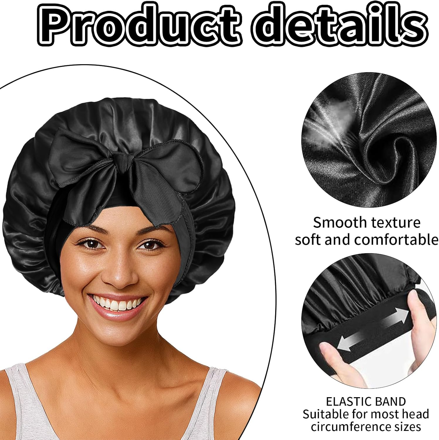 Mniimaluxe Sleep Cap Hair Protection, Silk Hood for Sleeping, Satin Sleep Cap, Bonnet Sleep Cap, Curl Hood, Black, M image number 2