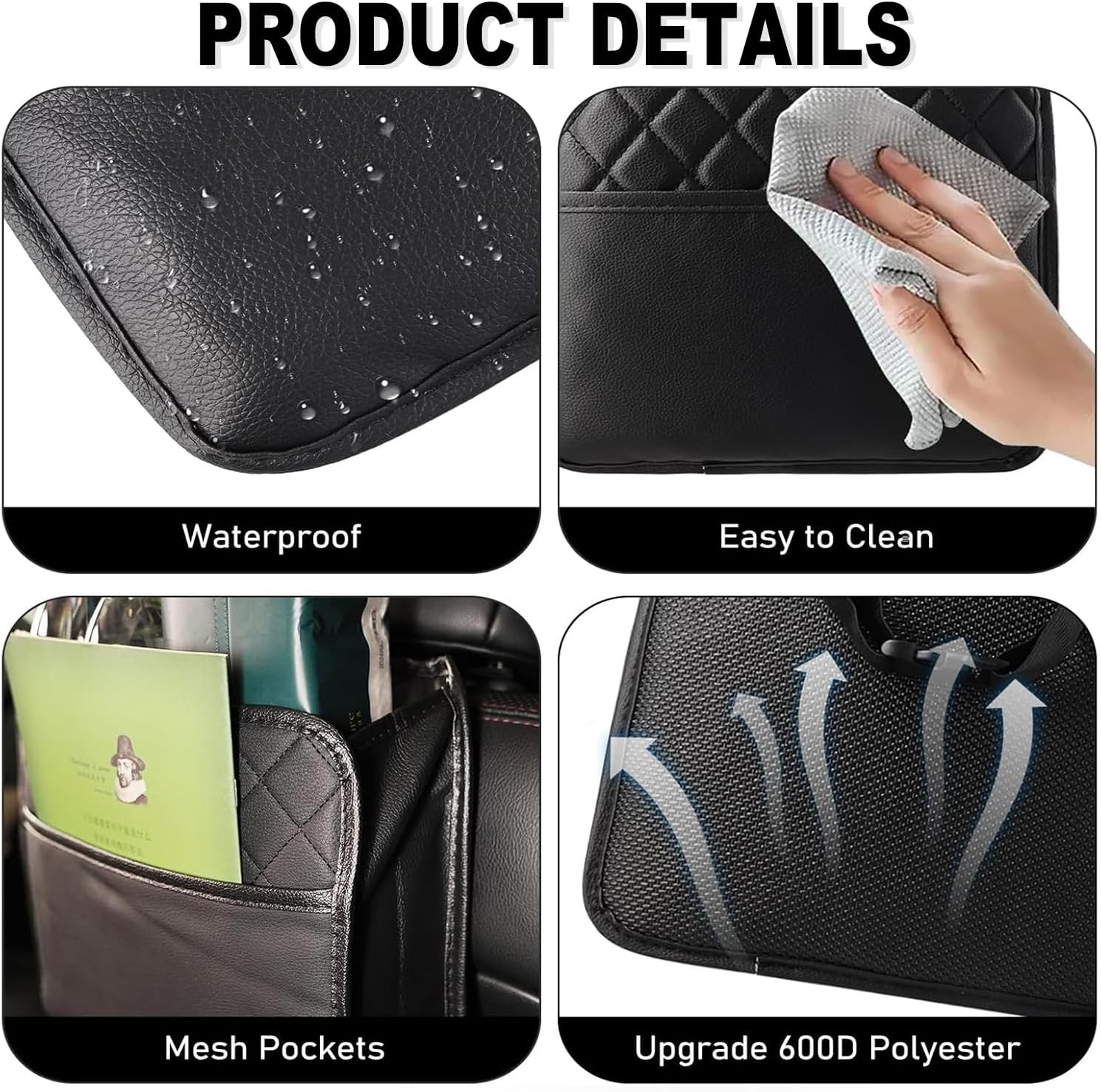 IONPSHG Upgrade Car Seat Hanging Bag (2Pcs)-Waterproof PU Leather Foldable Car Organizer with Cup Holders,Multi-Purpose Backseat Storage Pockets for Travel Accessories,Black image number 6