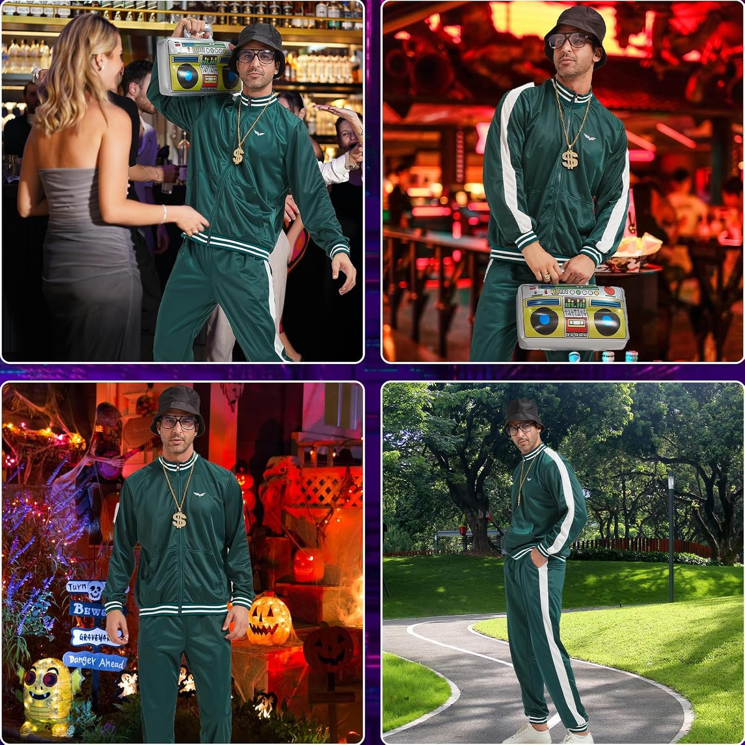 Slowton Mens 80S 90S Costume - Retro Tracksuit Set Lightweight Green Long Sleeve Jacket Pant Set, Disco Outfit Sportswear Hip Hop Tracksuit Urbanwear Streetwear for Rock Festivals Carnival Party image number 1