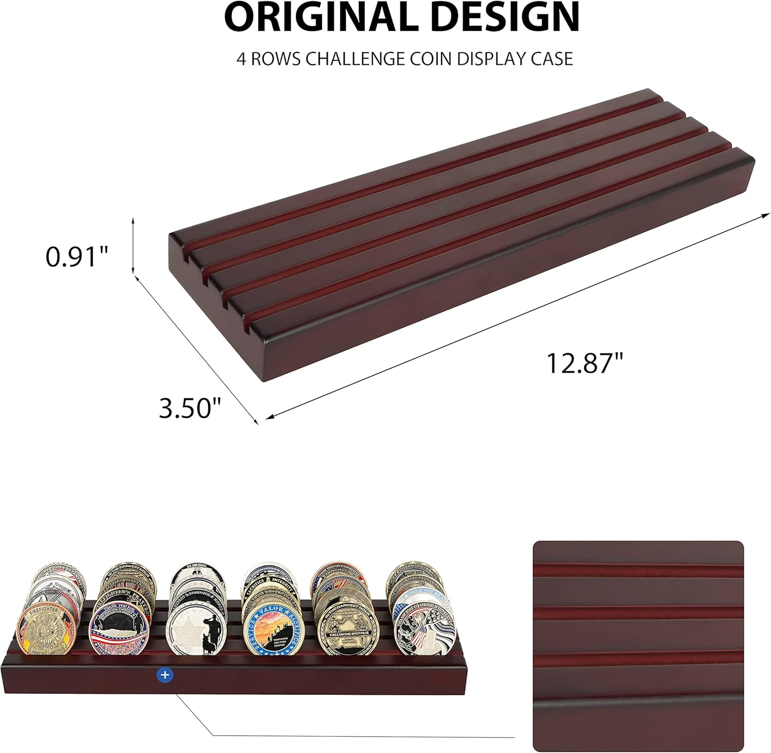 Challenge Coin Display Stand 4 Rows Wooden Military Coin Holder Rack Case Holds 30 Coins, Mahogany Finish image number 2