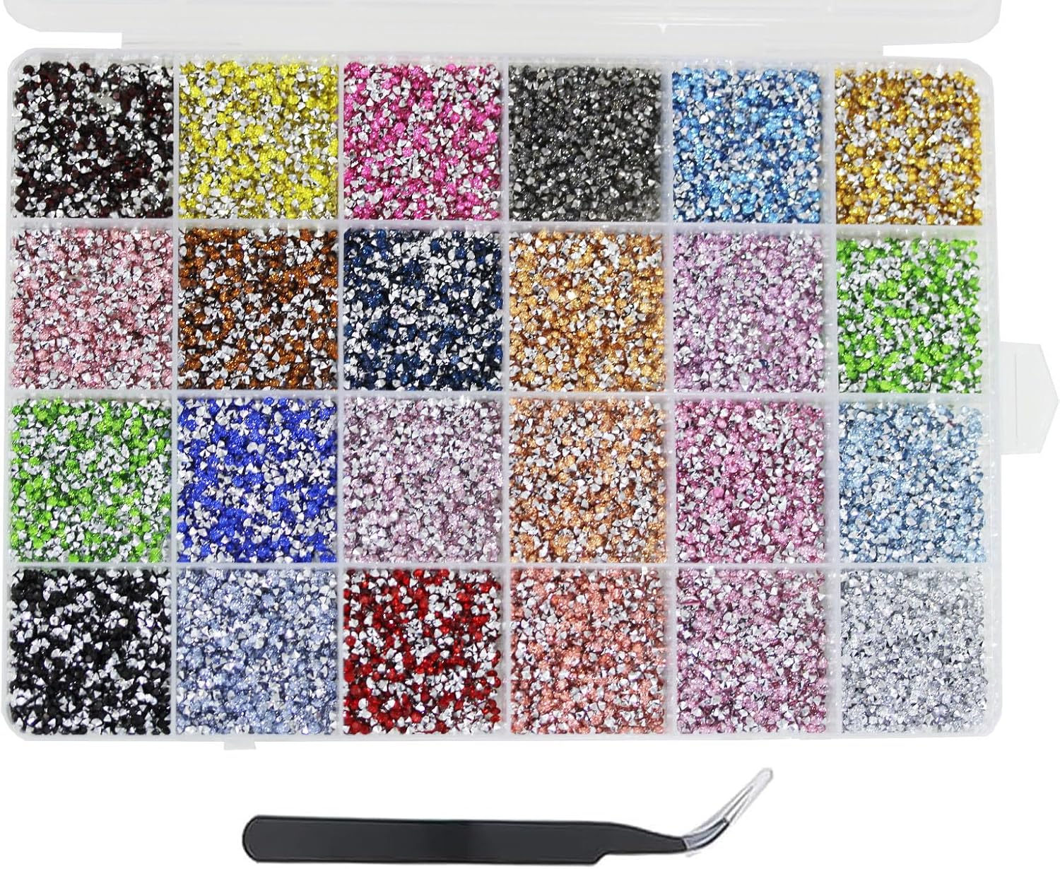 24000Pcs Nail Art Rhinestones, Betterjonny 24 Colors 2Mm round Nail Tip-Bottomed Rainbow Gems Set with Tweezers AB Glitter Rhinestone for Crafts Decoration and Jewelry Making