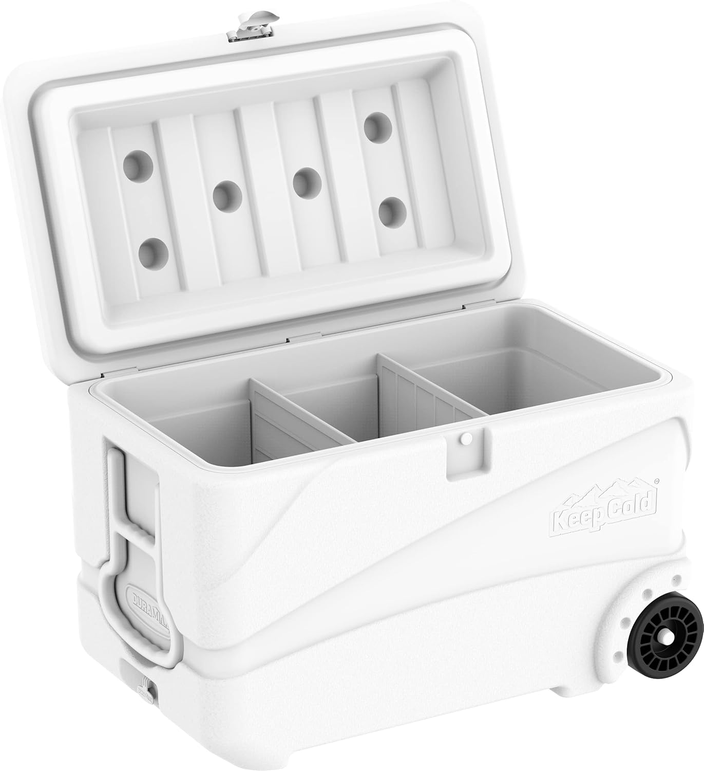 Duramax Deluxe Icebox 80L, High Performance Cool Box with PU Insulation, 6 Days of Ice Retention, Icebox with Wheels & Handles for Easy Mobility, Cup Holders on Lid, Durable Cool Box, Ice Chest, White - Blue image number 3