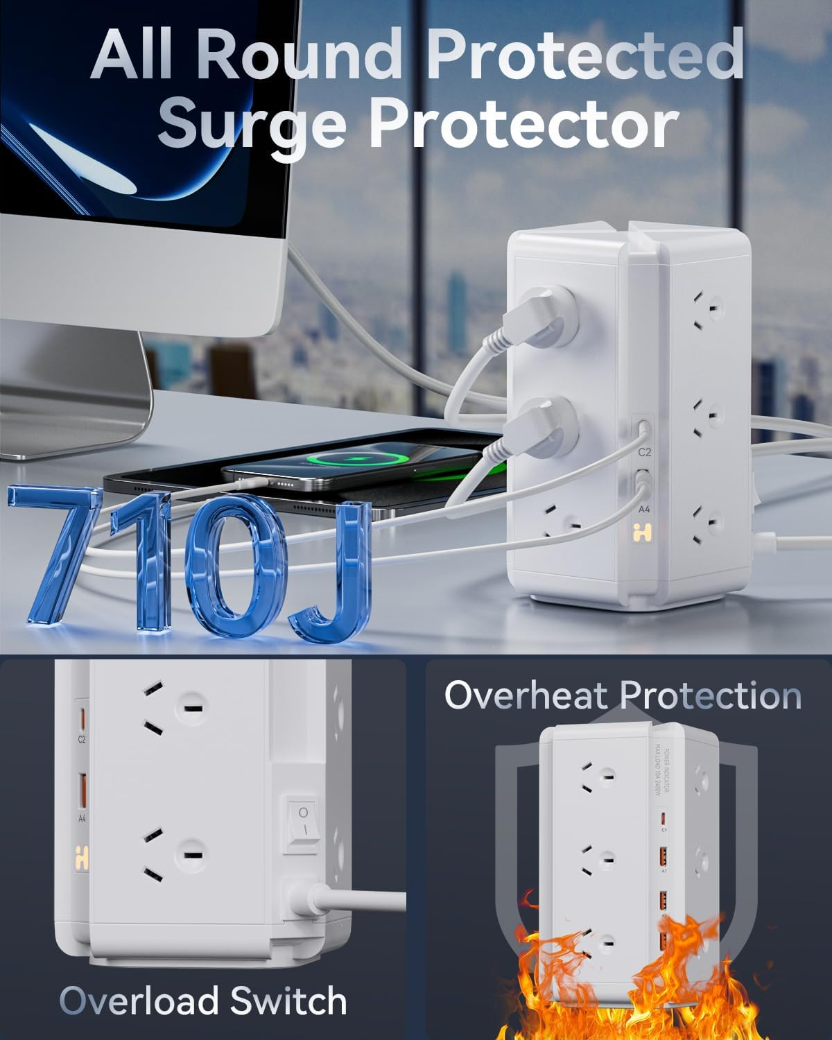 Tower Power Strip USB, USB C Powerboard Surge Protector 12-Outlet