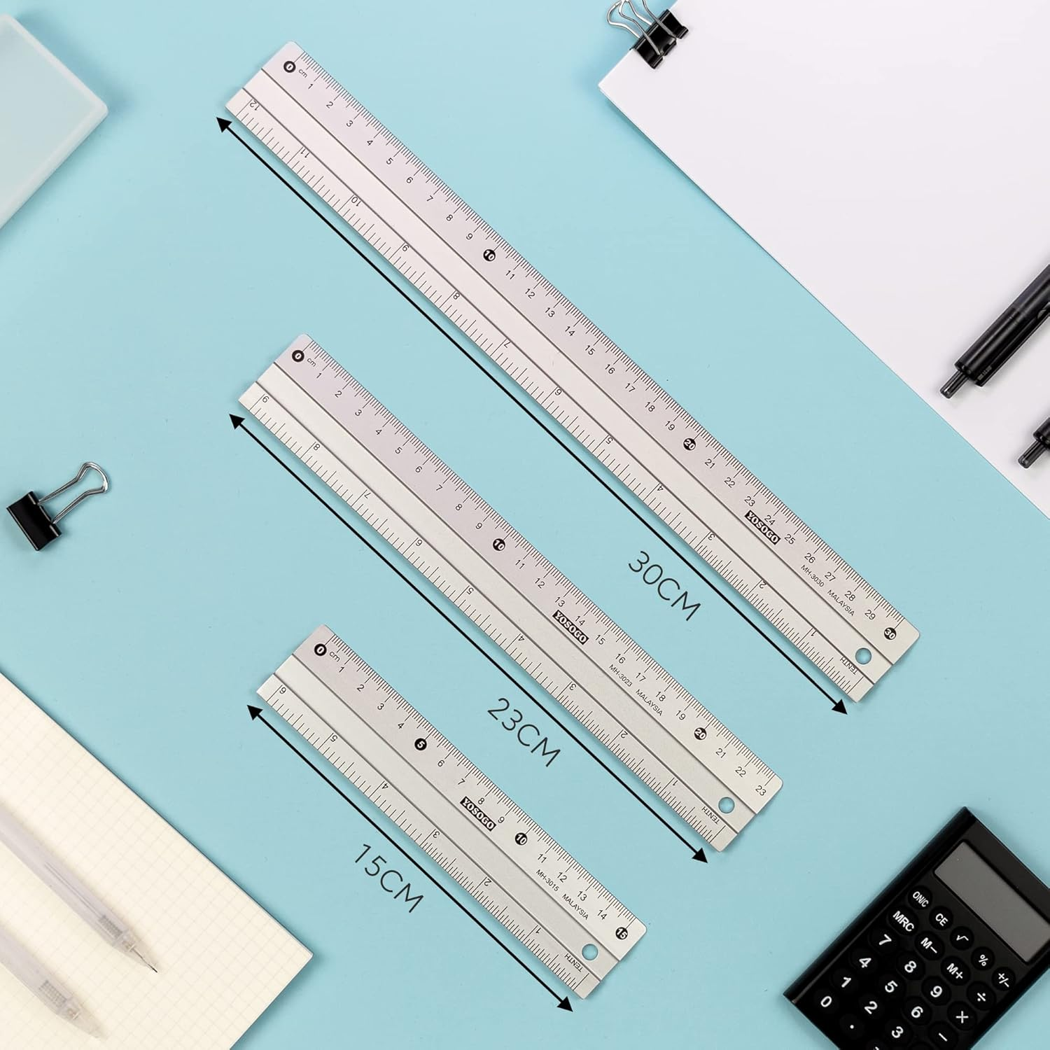 Anti- Slip Aluminum Rulers for Drawing, Set of 3 Pieces (6, 8 and 12 Inch) - Centimetres and Inch Scales for Precise Work, School and Home image number 2