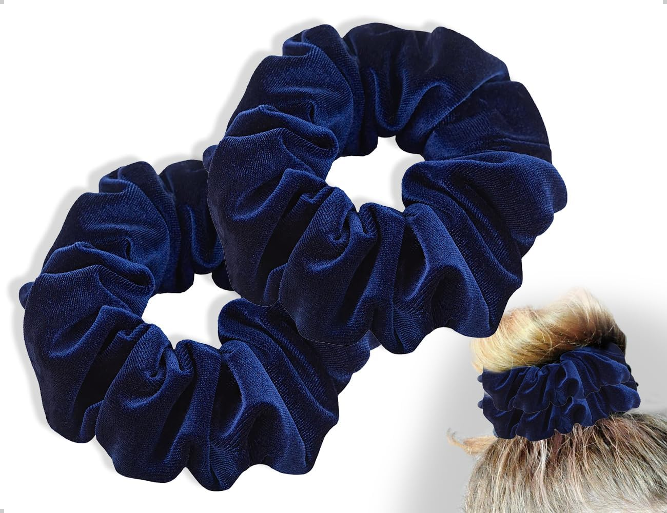 Emezddo Pack of 2 Hair Bobbles, Thick Scrunchies, Velvet Headband, Elastic Soft Headband, Fashion Headband, Cute Hair Accessories, for Long or Curly Hair, Women and Girls (Navy Blue) image number 2