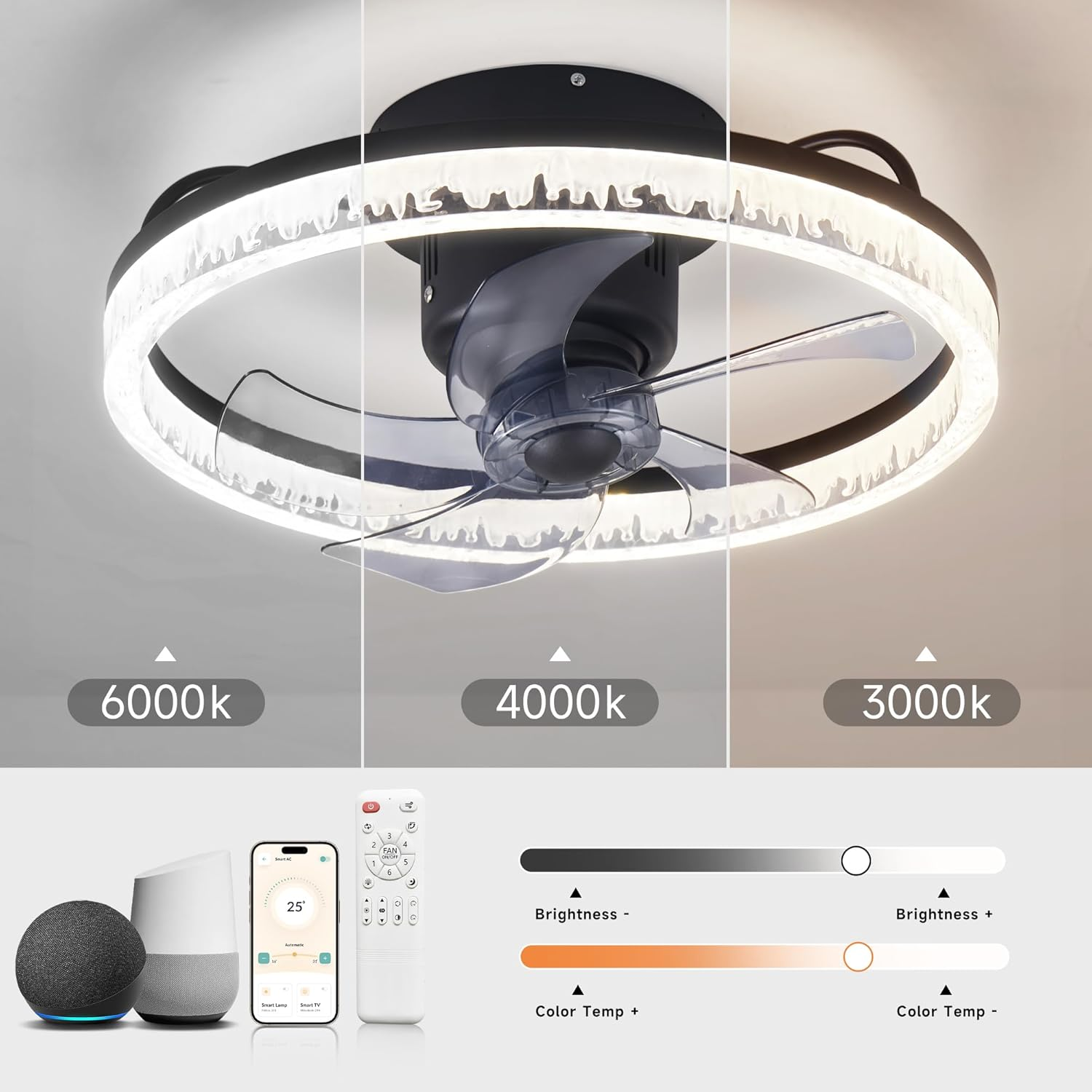 360&deg; Oscillating Ceiling Fans with Light and Remote,Smart Ceiling Fan with Alexa/Google Assistant/App Control,Ceiling Fans with 6 Speed Reversible Blades for Bedroom,Crystal-Like Lampshade image number 4