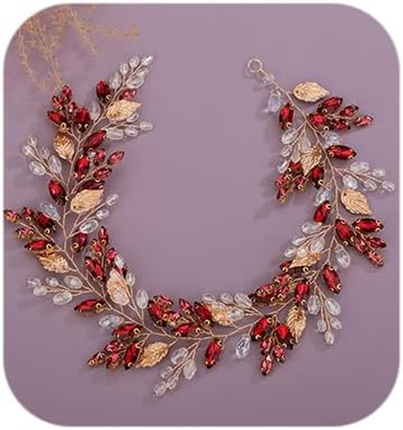Teyglen Leaf Bride Wedding Hair Vine Bridal Crystal Headband Handmade Gold Leaf Crystal Beads Hair Piece Bohe Rhinestone Headpieces Wedding Hair Accessories for Women Girls, Alloy, Rhinestone, Leaf,