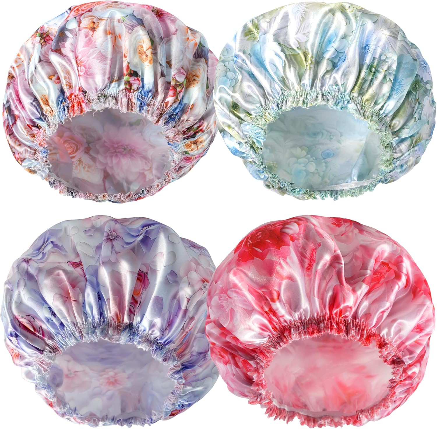 Shower Caps for Women, 4 PCS Elastic and Reusable Bath Caps, Double Waterproof Layers Shower Cap, Bathing Shower Caps, Environmental Protection Hair Bath Hat - Solid Color