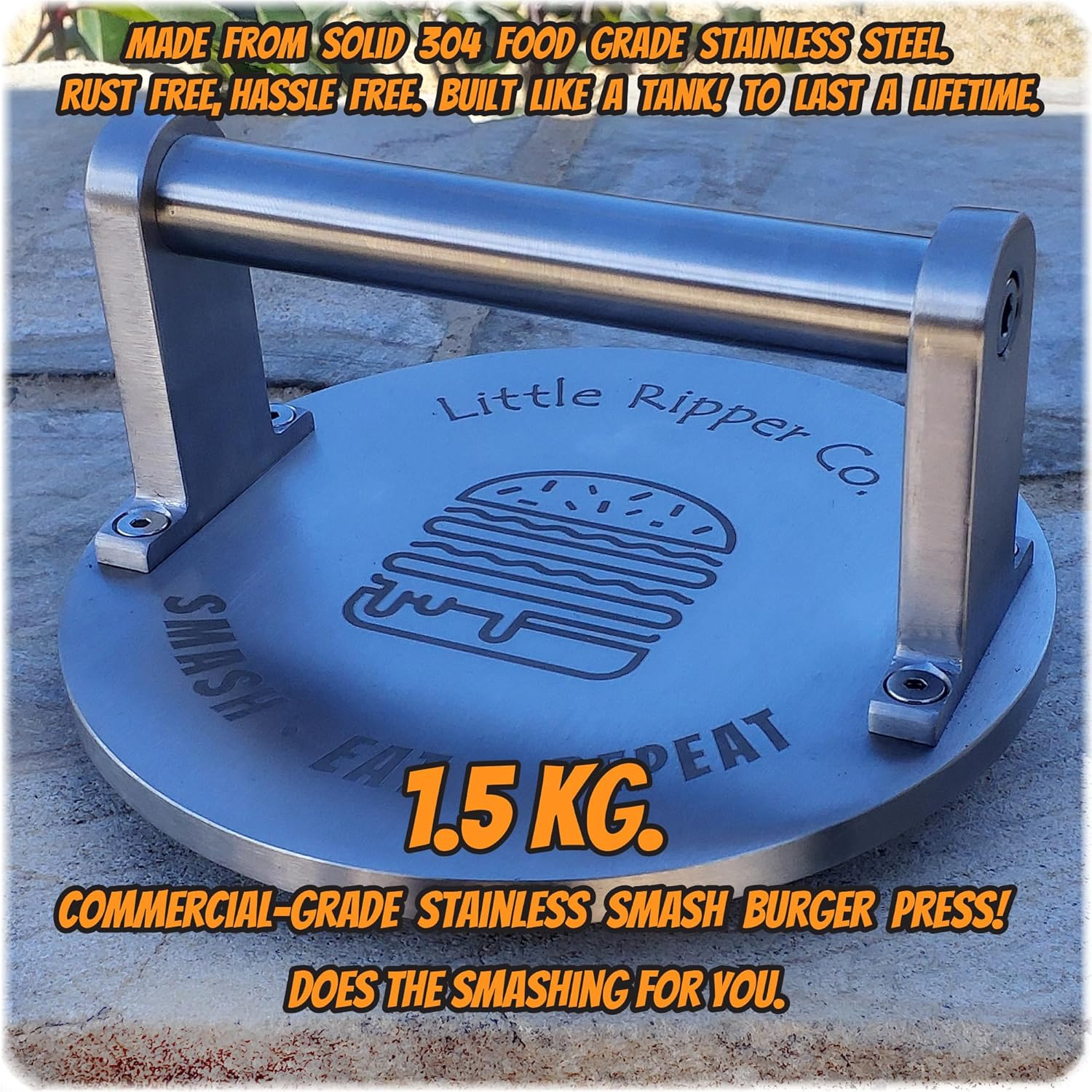 1.5Kg Smash Burger Press. Heavy Duty Commercial Quality Food Grade 304 Stainless Steel for BBQ & Kitchen Use. 150Mm Wide X 8Mm Thick Flat Base. Dishwasher Safe image number 3