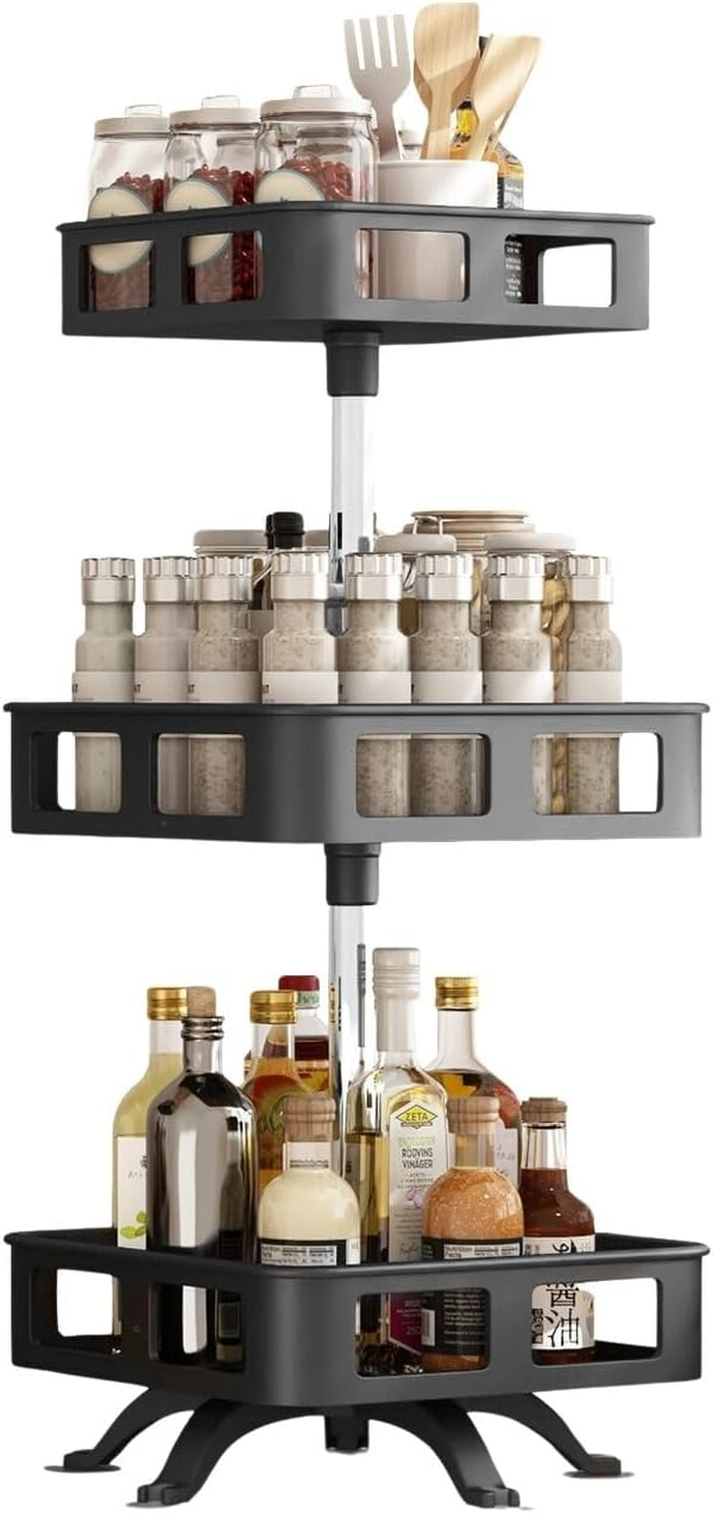 Gominimo Spice Rack 3 Tier Rotating Square Shape, 360&deg; Rotation, Multi-Layer Spice Rack Organiser, Rust-Resistant, Adjustable Carbon Steel Tray, Easy to Clean, Black image number 6