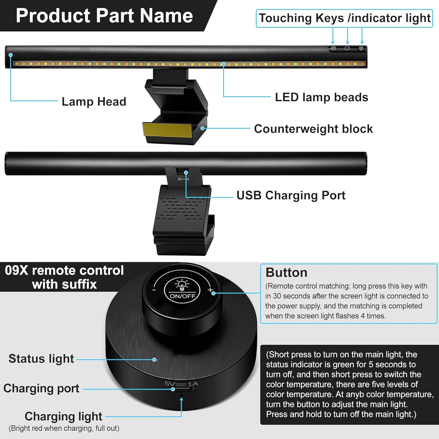 SNSUTY Monitor Light Bar, 42CM Dimmable Lighting Monitor Lamp Type-C Link Adjustable Stepless Dimming Screen Light Bar, Eye Caring No Glare Gaming Work Desk Lamp(Black) image number 1