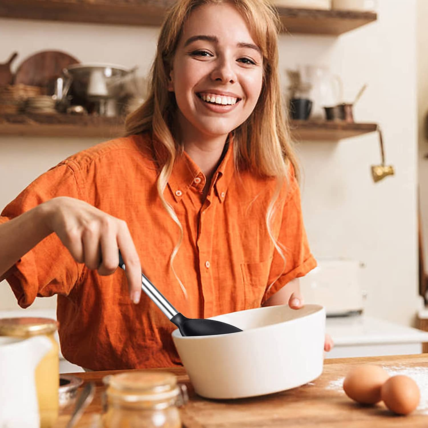Pack of 2 Large Silicone Cooking Spoons, Non-Stick Stainless Steel Slotted and Solid Spoon Set for Serving, Mixing, Draining, Heat Resistant, Scratch Resistant and BPA Free Kitchen Scoops (Black)