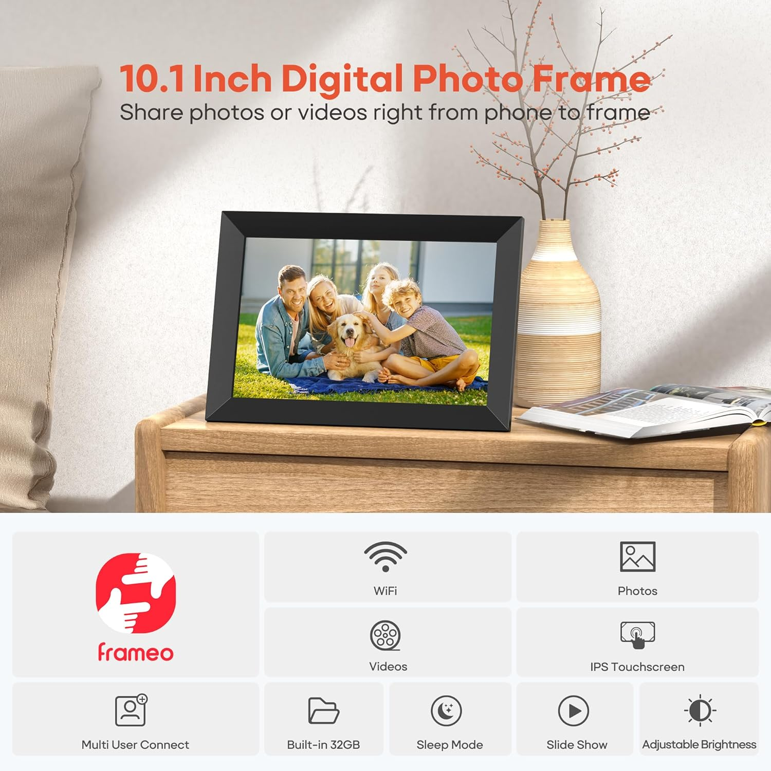 Frameo 10.1 Inch Wifi Digital Picture Frame, 1280X800 HD IPS Touch Screen Photo Frame Electronic, 32GB Memory, Auto-Rotate, Wall Mountable, Share Photos/Videos Instantly via Frameo App from Anywhere