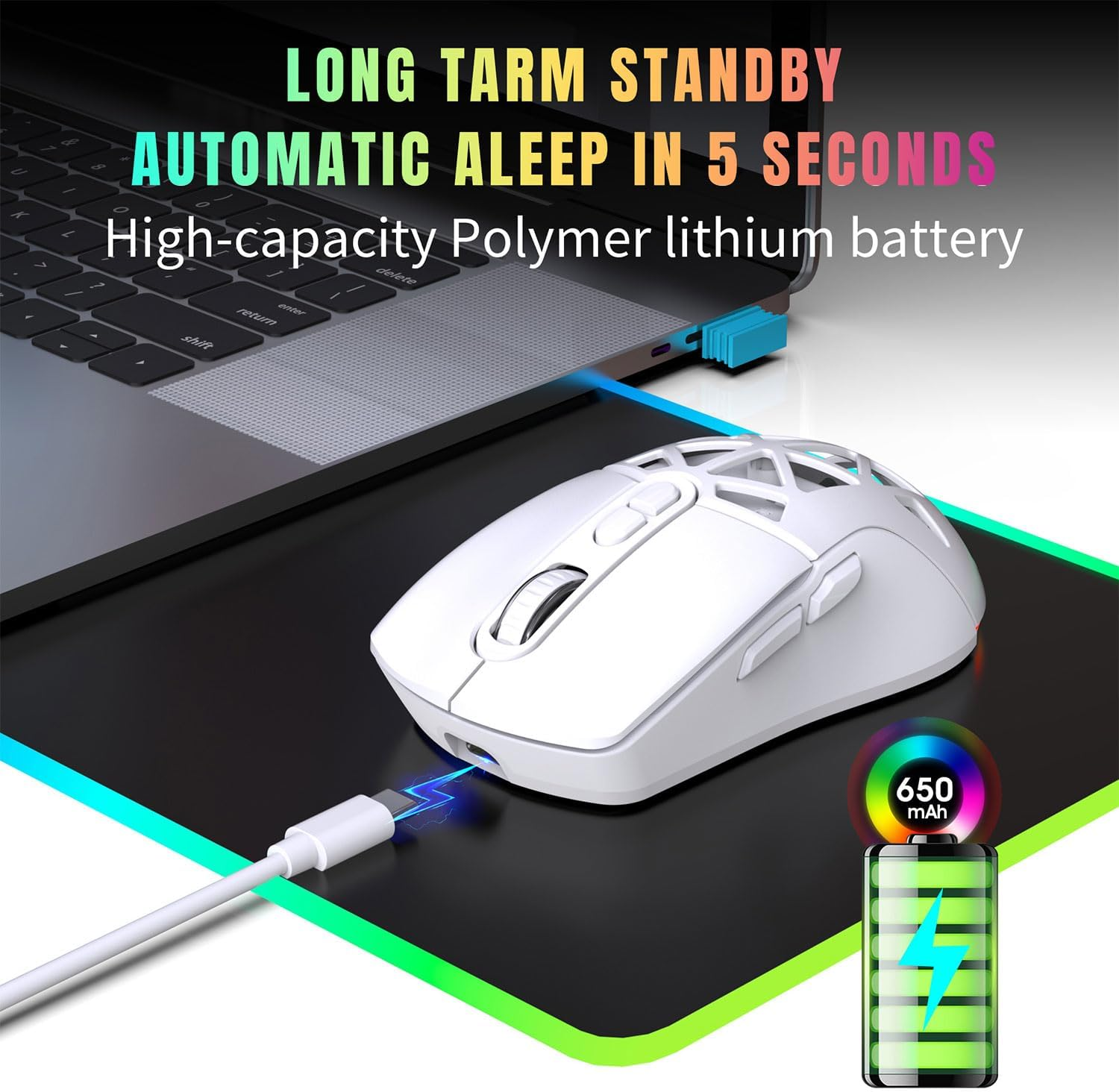 Anberyoo Wireless Gaming Mouse, BT5.1 + 2.4G Dual Mode 7-Button Esports Gaming Mouse with USB Receiver, up to 4800 DPI, Rechargeable RGB Backlight Wireless Mouse for Mac, Laptop, Computer, PC (Black) - Black image number 4