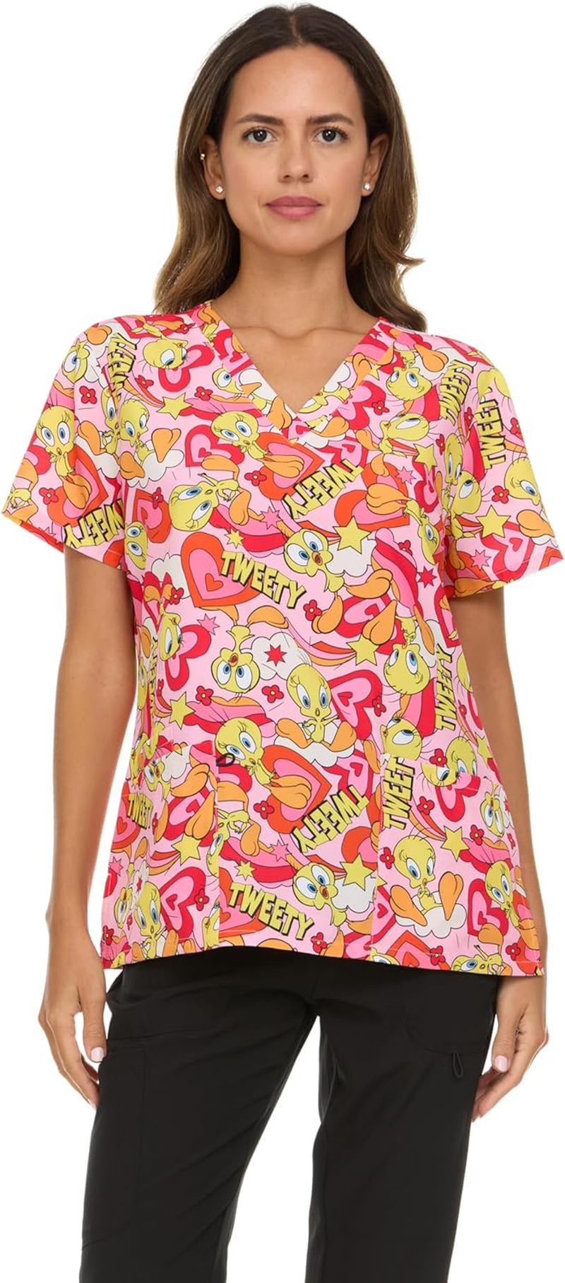 COCO BRANDS Looney Tunes Women'S All over Print, V-Neck Scrub Top with Pockets - Comfortable Work Uniform