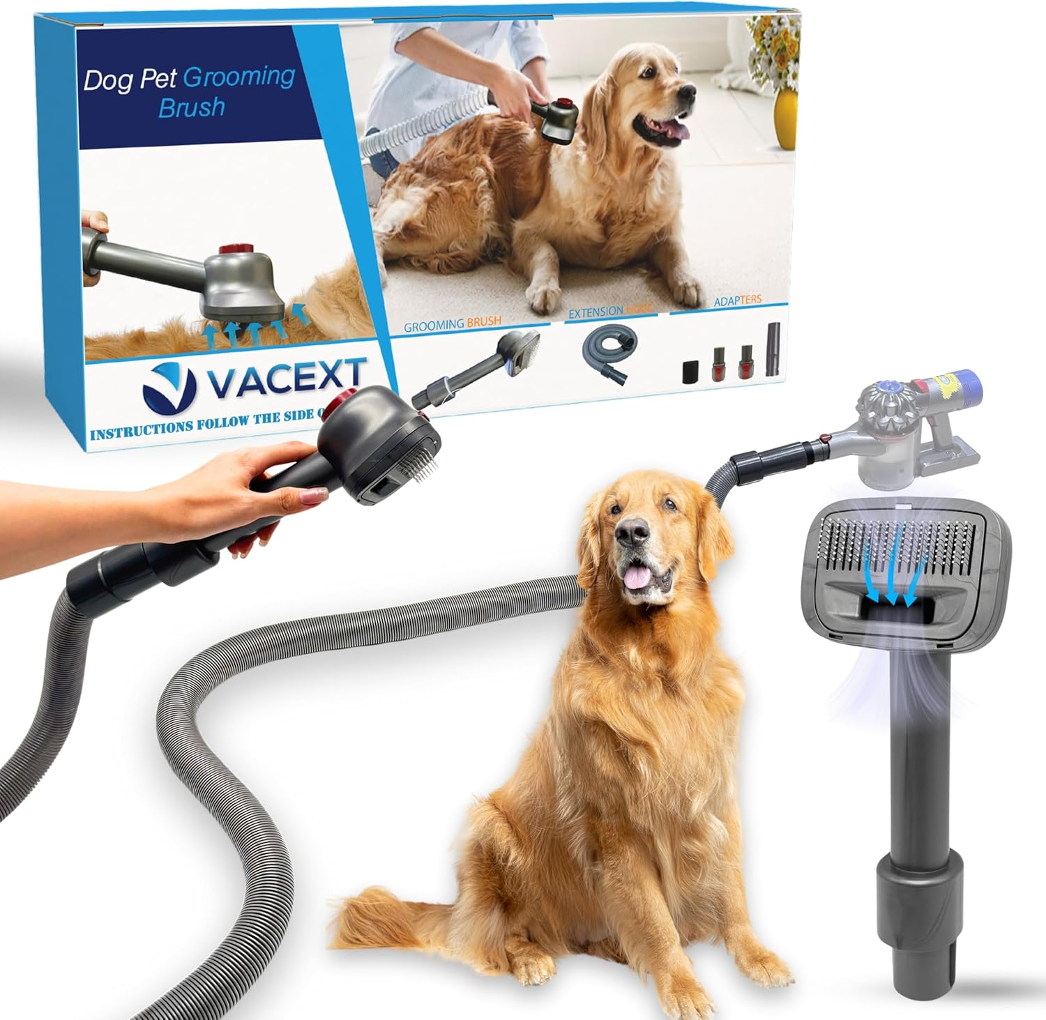 Dog Pet Grooming Brush & Extension Vacuum Hose Compatible with Dyson V11 V10 V8 V7 V6 Vacuum Cleaner with Quick Release Converter Adapter Groom Tool Attachment image number 2