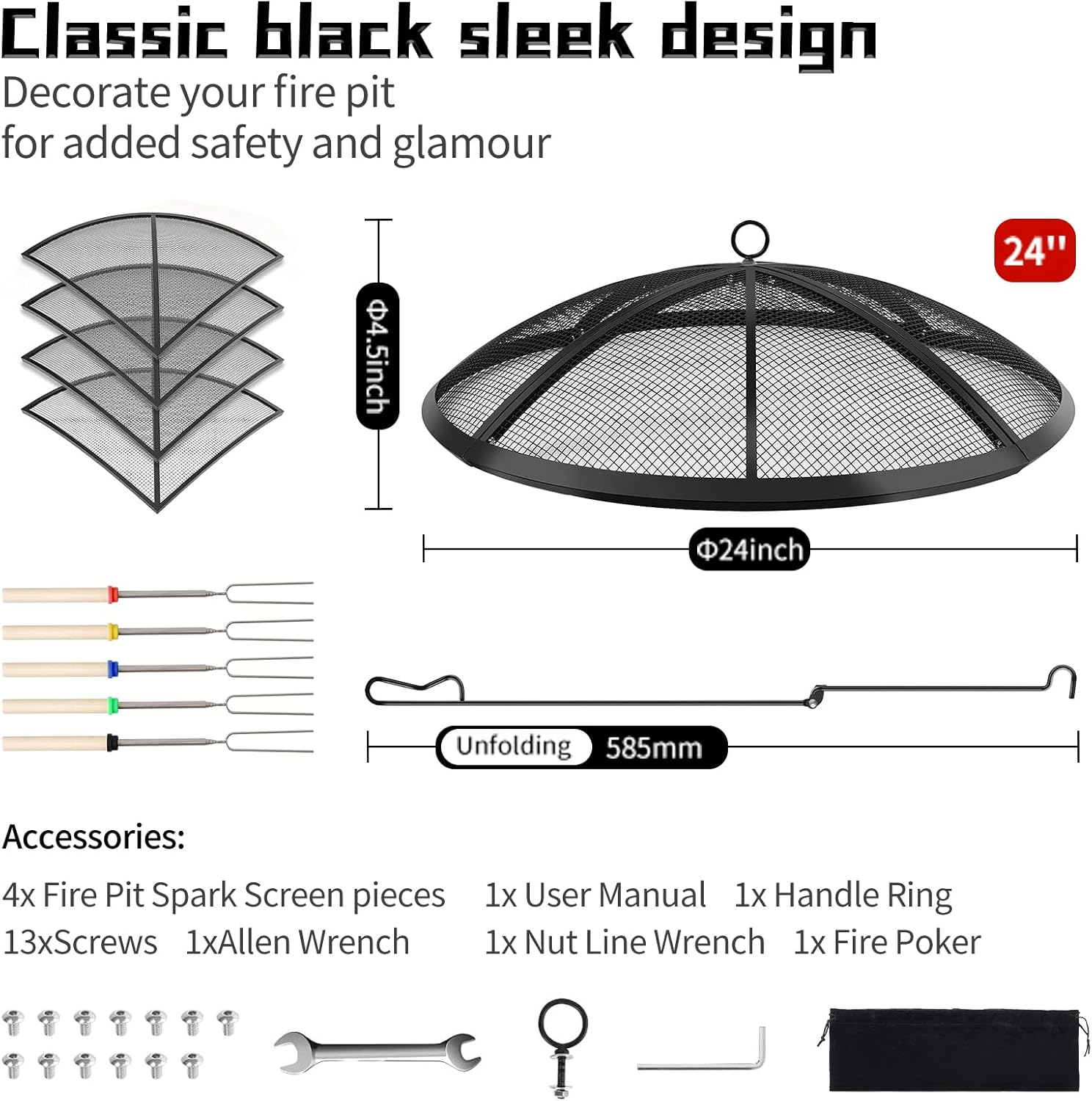 2024 Upgraded Fire Pit Spark Screen,Outdoor Fire Pit Screen with Collapsible Handle & Poker,Heavy-Duty Steel Mesh Fire Pit round Cover for Backyard/Beach/Rv Camping (24-Inch) image number 5