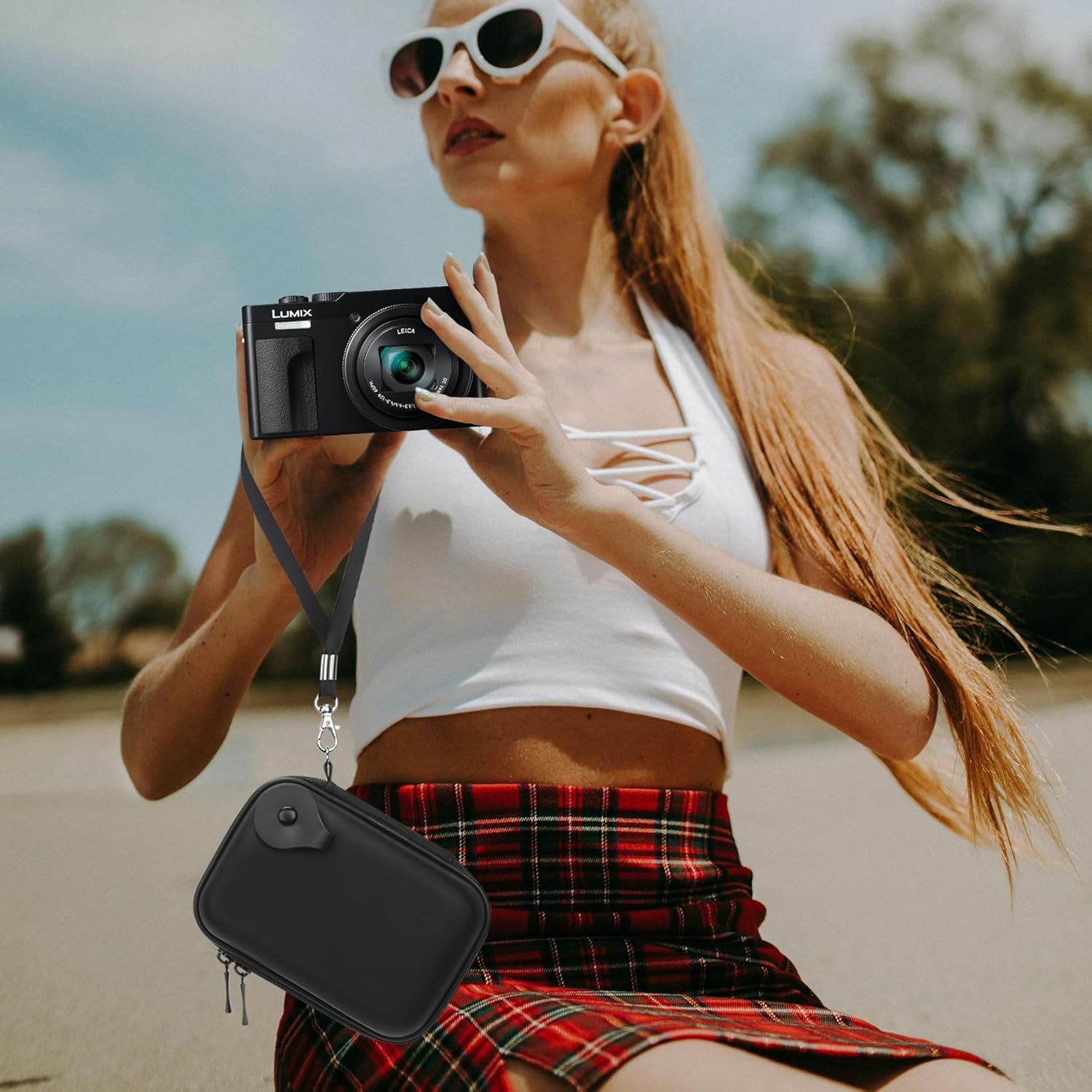 Lacdo Camera Carrying Case for Panasonic LUMIX ZS99/LX10/ZS80/ZS100/ZS70/ZS200/ZS60 Point and Shoot Digital Camera, Protective Storage Trave Bag, Mesh Pocket Fits Batteries, Cable, Black+Black image number 2