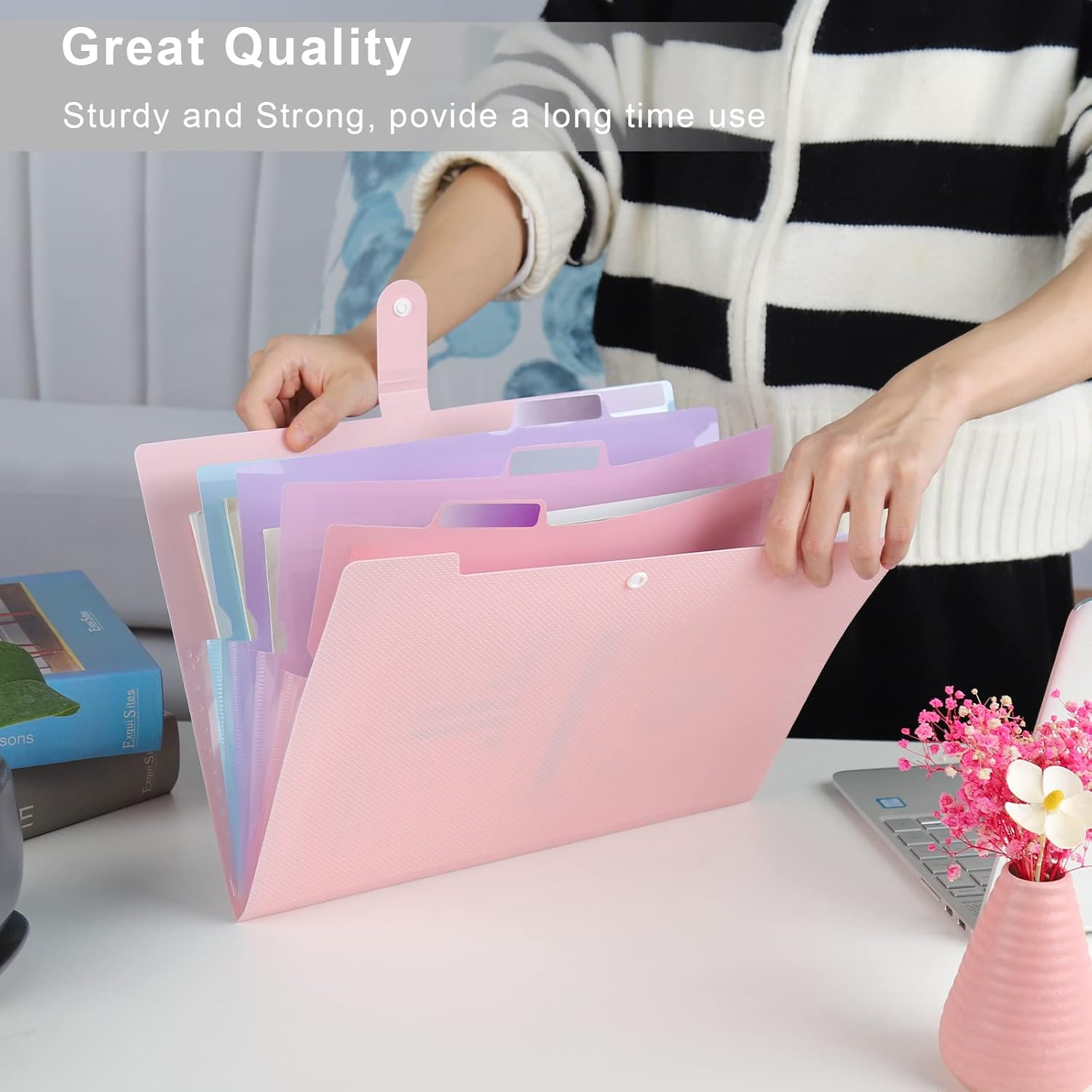 Nafy Colorful Expanding File Folder, 5 Pockets Folder with Colored Labels Portable Weave Pattern Accordion File Folder A4 Letter Size Project Organizer Document Folder for Office School (Purple) - 5 Color Mix image number 3