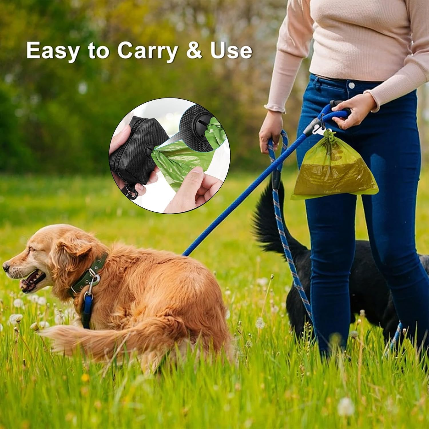 CUBETA Poo Bag Holder for Dogs, Poop Bag Holder for Dog Leash, Soft Fabric Zipper Fits Any Leash - Poop Bag Dispenser with 2 Rolls of Poo Bags
