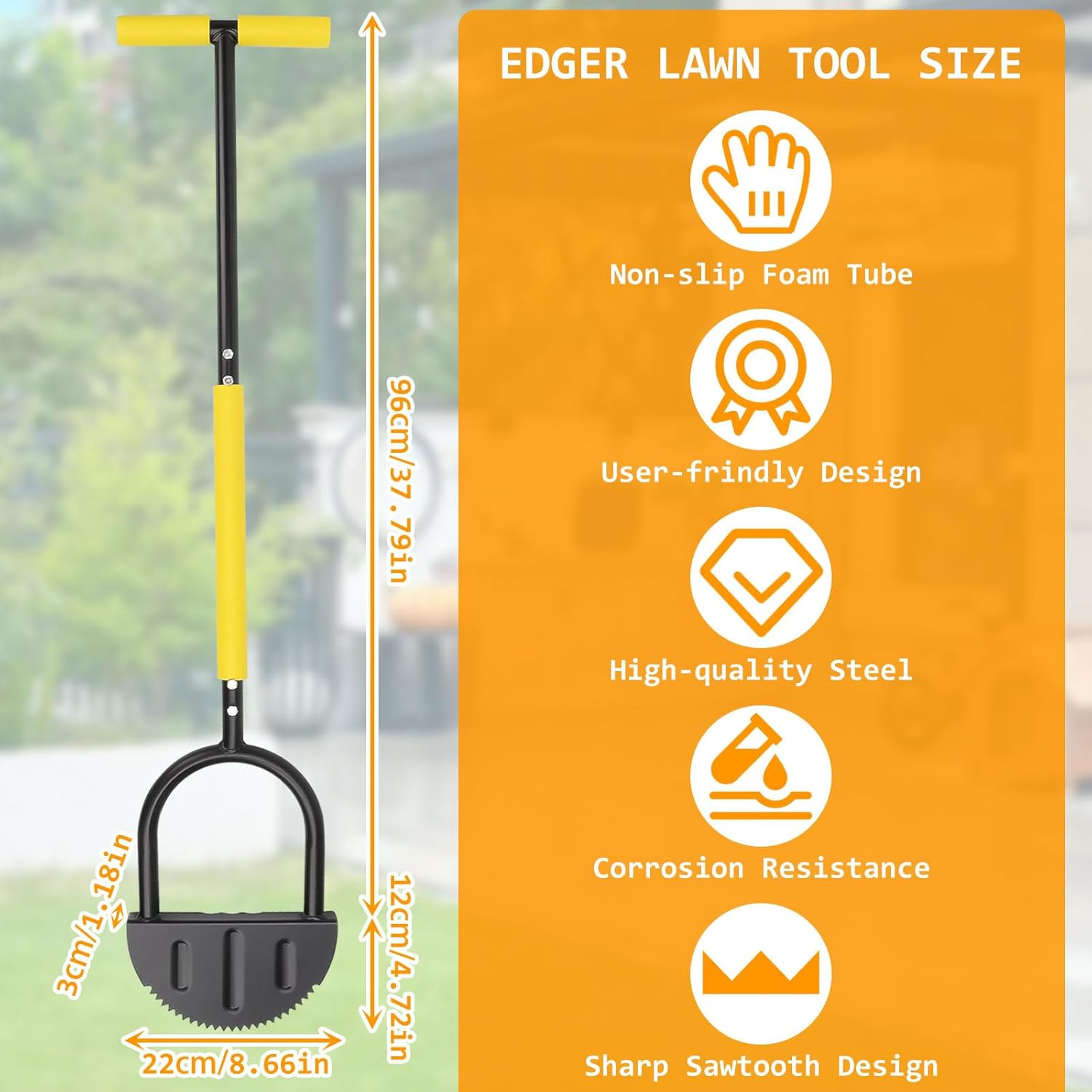 Ruaizel Saw-Tooth Edger Lawn Tool, Manual Grass Edger, Half Moon Lawn Edger with Soft Handle, Hand Steel Edger for Grass Yard Landscape Sidewalk