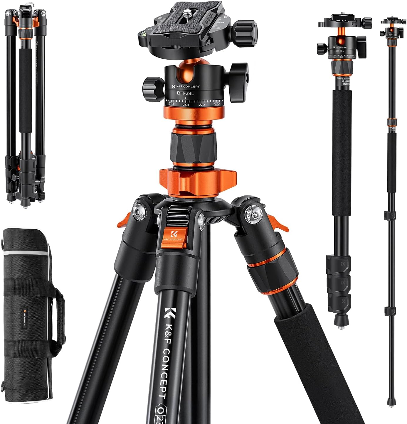 K&F CONCEPT 78 Inch/200Cm Camera Tripod, DSLR Compact Aluminum Tripod Monopod with 360 Degree Ball Head Load Capacity 10KG for Travel Indoor Outdoor Use, K234A7+BH-28L (S210+KF28) image number 1