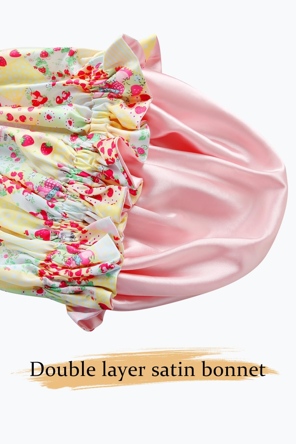 Vettres Floral Satin Bonnet with Scrunchie Set,Double Layer Ruffle Reusable Sleeping Shower Cap for Curly Hair Yellow-Strawberries image number 3