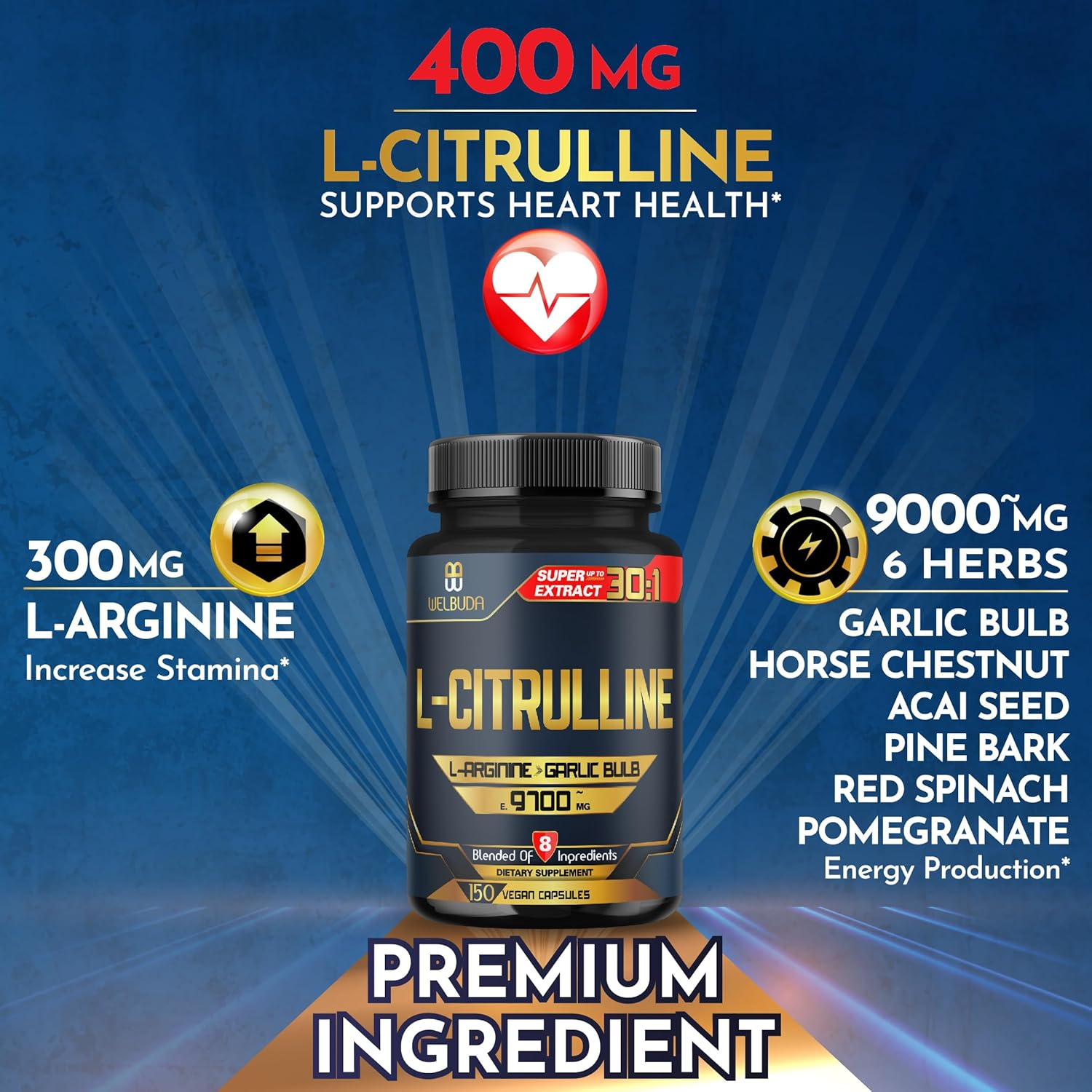 L-Citrulline Capsules 9700Mg - 8 Premium Ingredients with L-Arginine, Garlic, Horse Chestnut, Acai Seed, Pine Bark & More - Support for Muscle, Strength, Heart & Immune - 150 Pills for 75 Servings image number 1