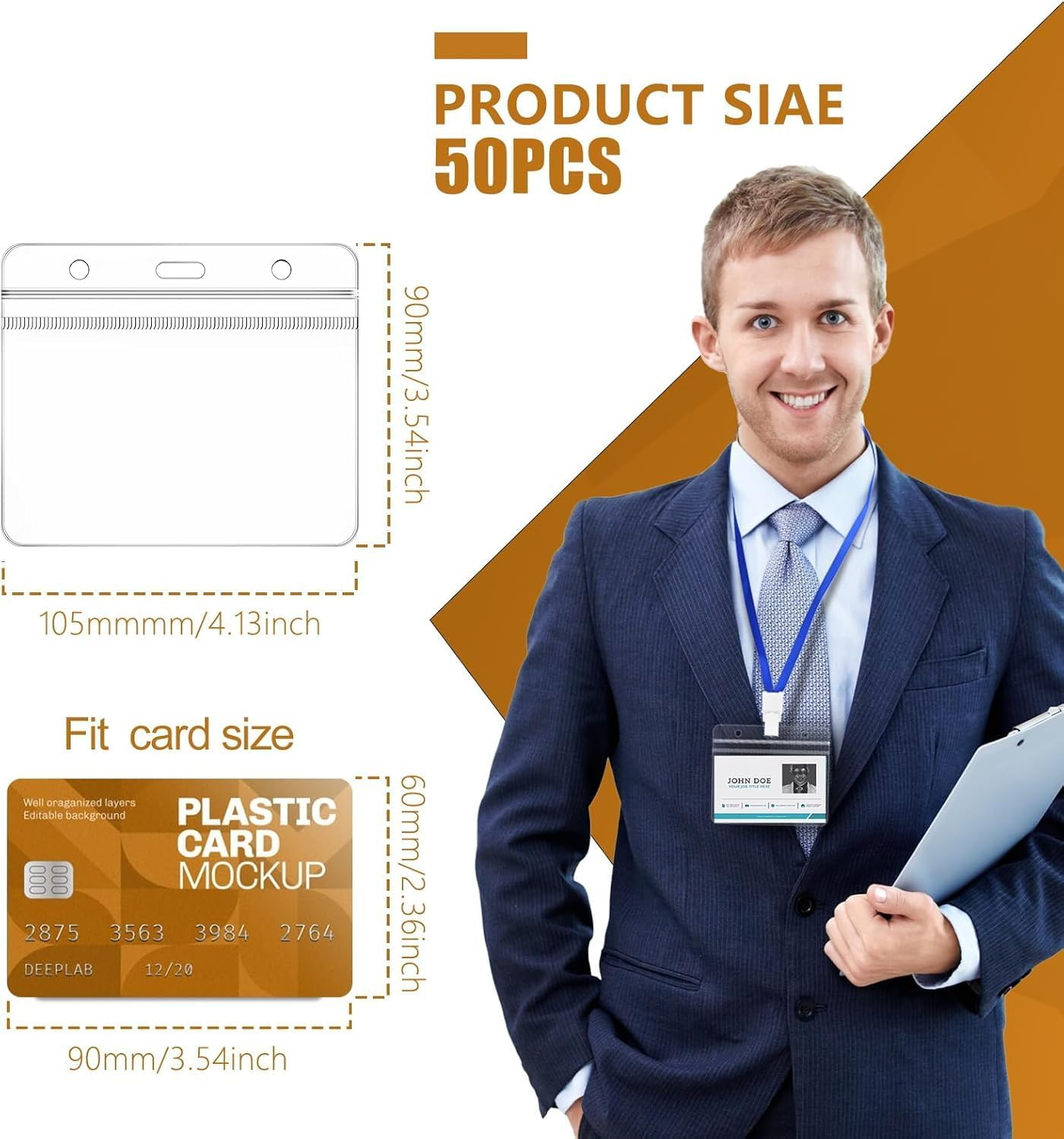 ID Card Holder, 50 PCS Horizontal Clear Plastic Badge Holder with Waterproof Resealable Zip, Name Tag Holder for Multiple Cards image number 1